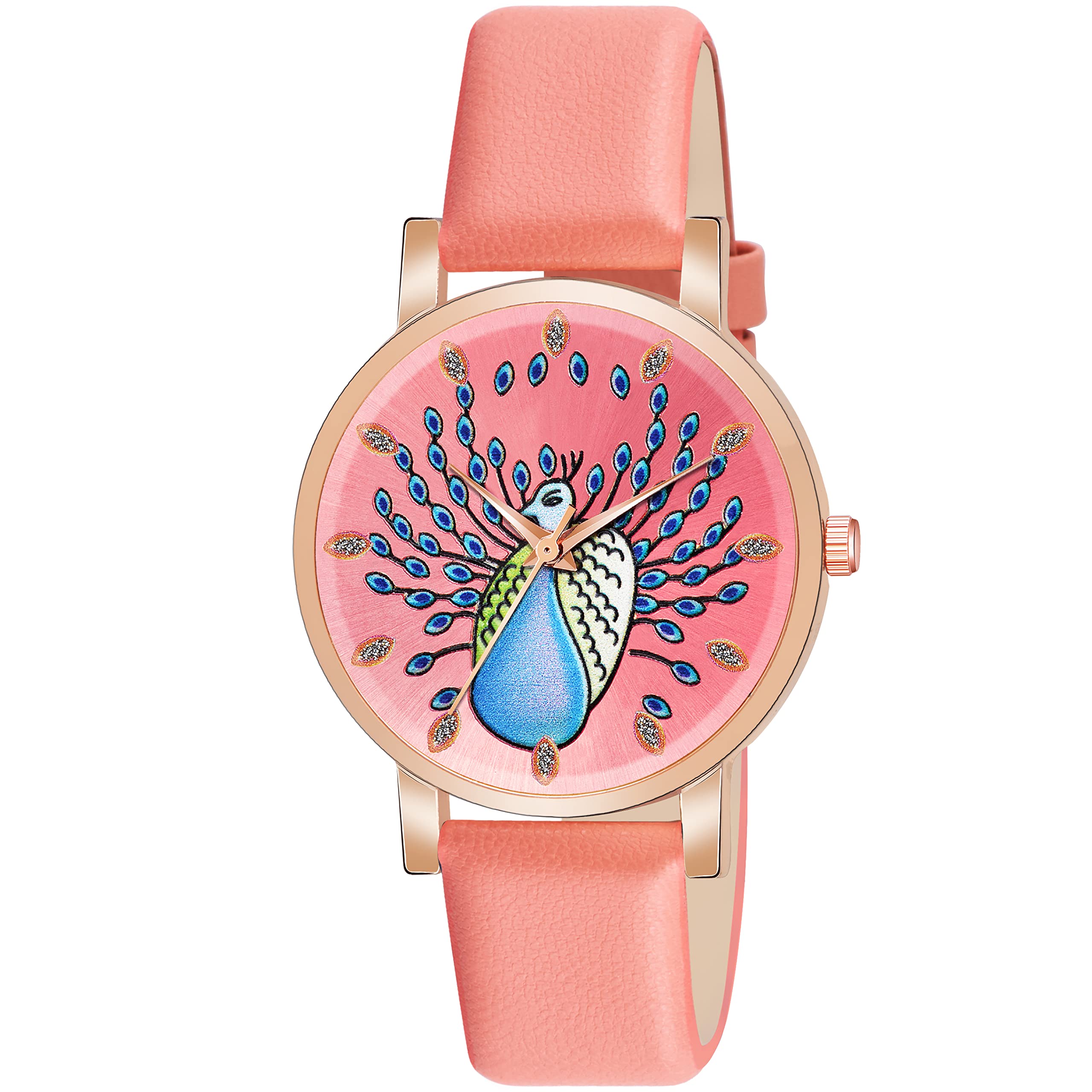 KIARVI GALLERY Analogue Designer Peacock Print Dial Unique Designer Leather Strap Womens and Girls Watch (Peach) (B09XLTGLDK) Amazon Price History, Amazon Price Tracker