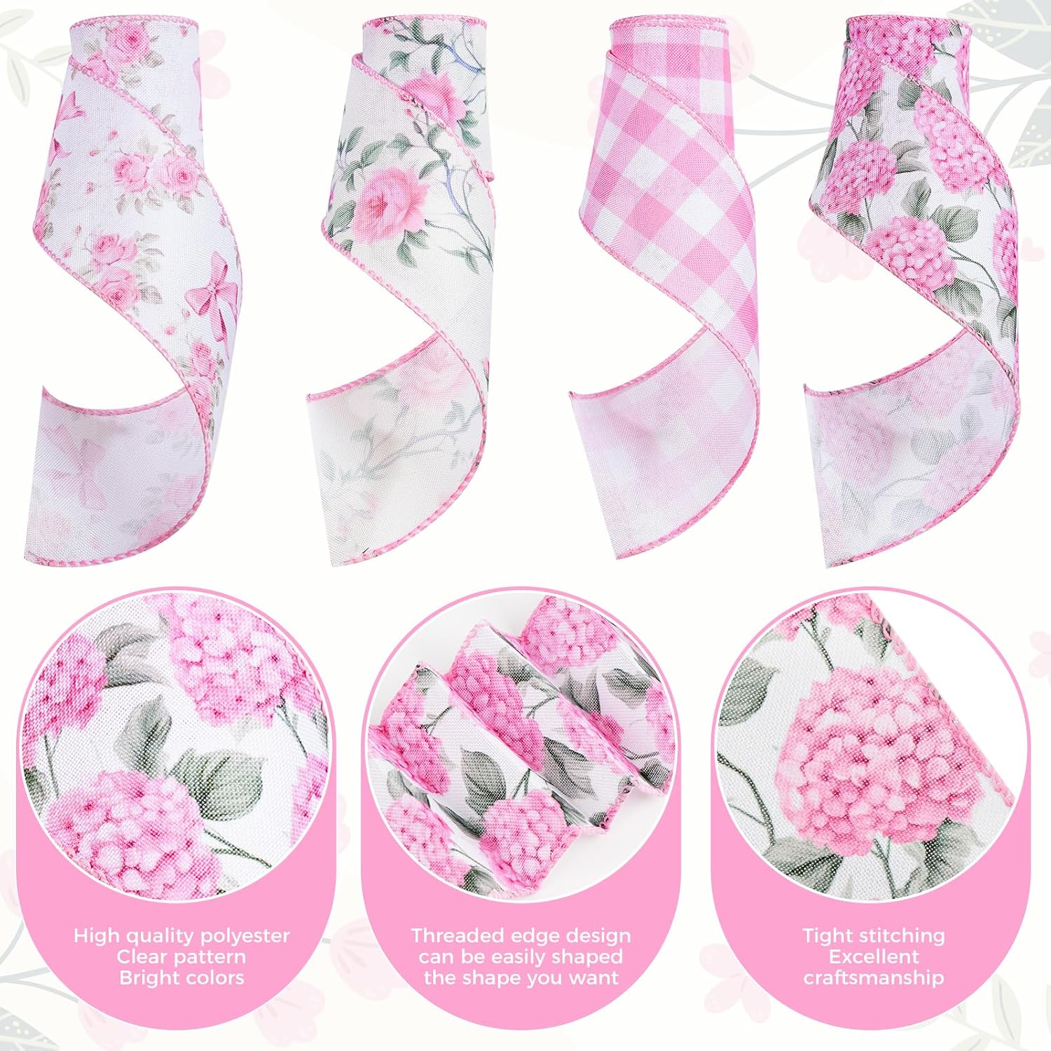 4 Rolls Pink Floral Wired Ribbon Set - 2.5 Inch Wide, 20 Yards Total – Rose Patterned Pink and White Vintage Satin Ribbon for Crafts, Spring, and Floral Decor