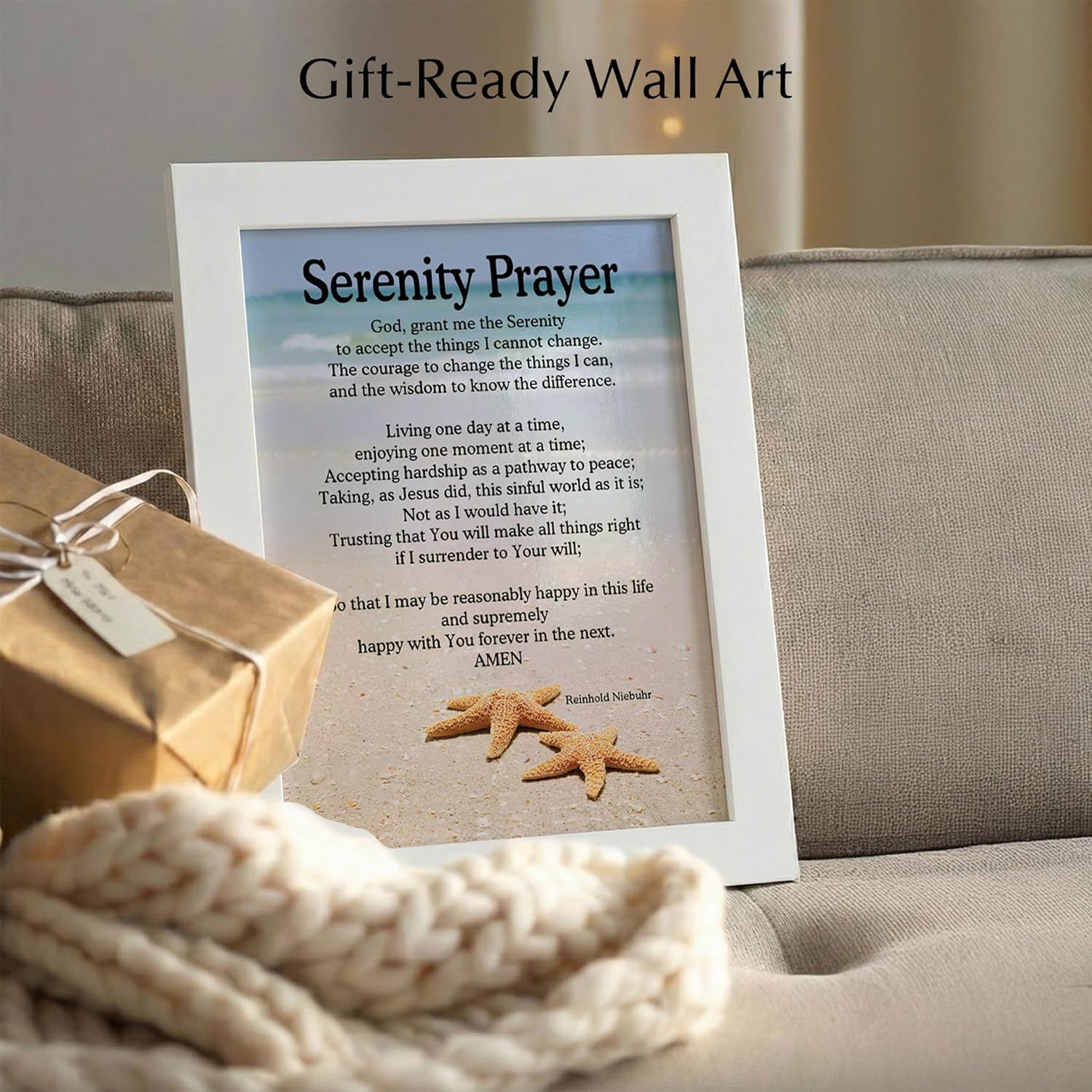 Serenity Prayer Wall Art – Christian Wall Decor with Starfish Scripture, Bible Verse Inspirational Wall Art Print for Living Room, Office, Church, or Beach House (White Framed, 8 x 10 inches)