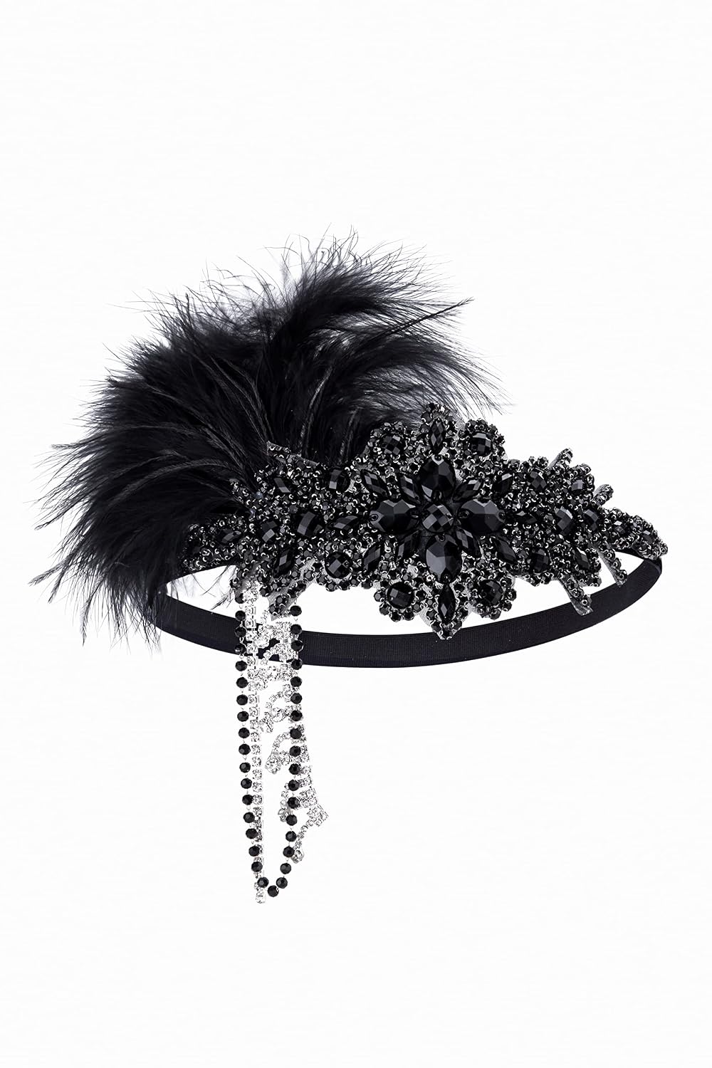 BABEYOND Women's 1920s Headband Flapper Feather Headpiece with Chain Roaring 20s Great Gatsby Themed Party Hair Accessory (Black)