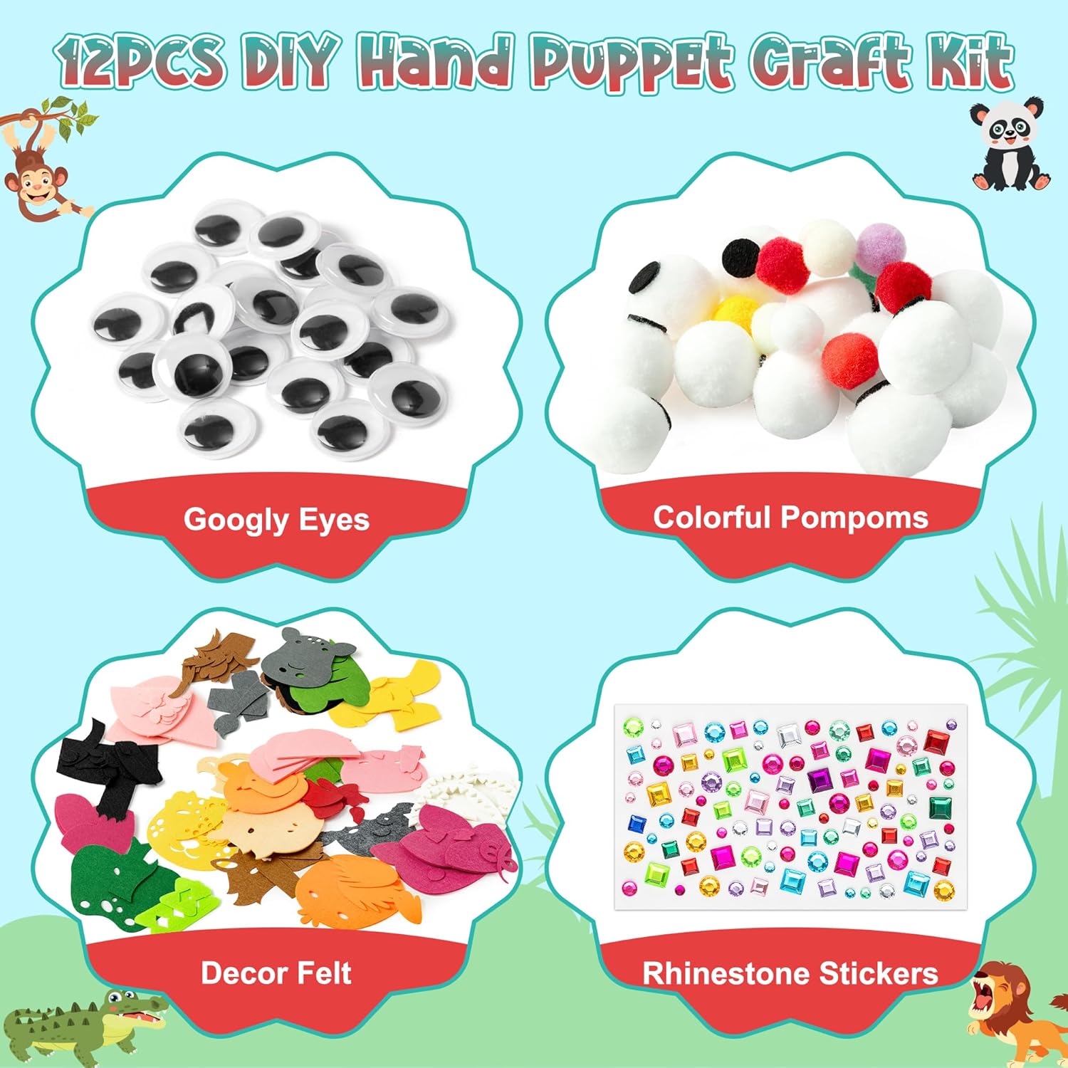 WATINC 12Pcs Hand Puppet Making Kit, Art Craft Felt Sock Puppet Toys, Creative DIY Make Your Own Pompoms Wiggle Googly Eyes Storytelling Role Play Party Supplies Gift for Girls Boys (Farm A Wild A)