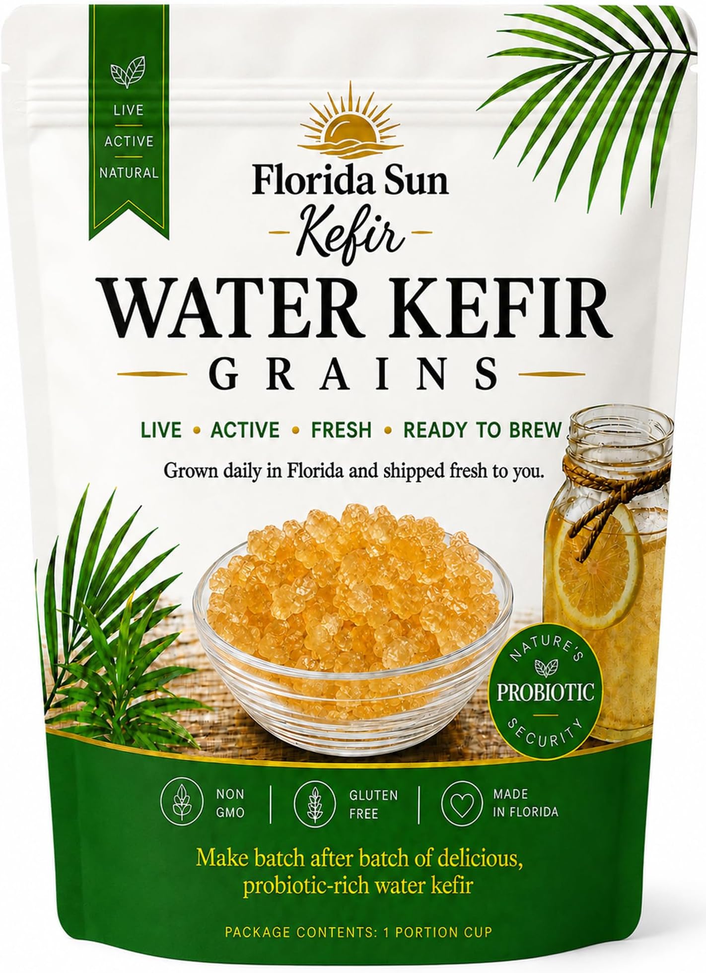 One LARGE PORTION Cup Live Florida Sun Kefir LARGE Water Kefir Grains (Tibicos) Natural Probiotics