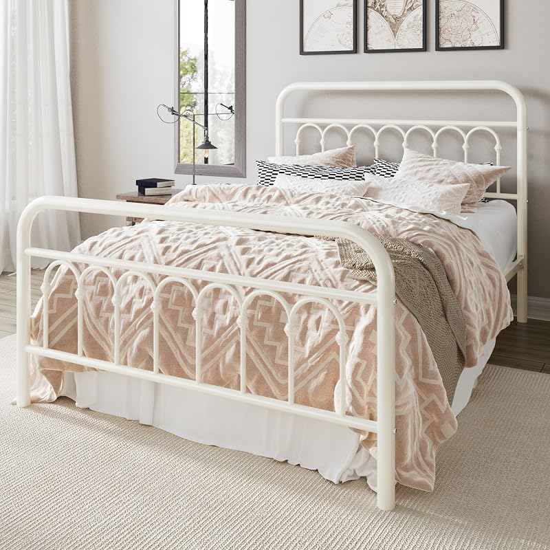 Allewie Full Size Metal Platform Bed Frame with Headboard, Cream image 3