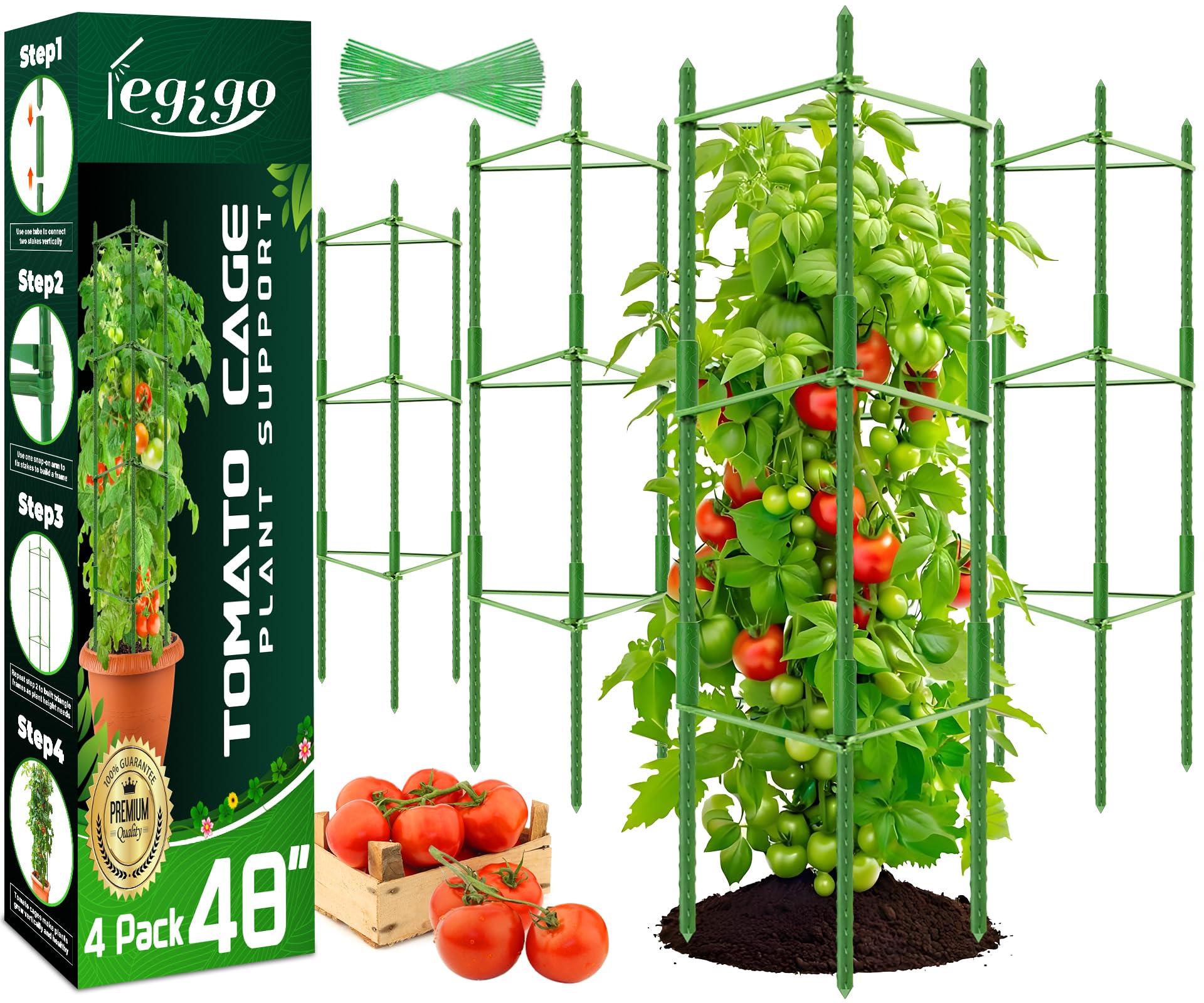Legigo 4ft 4-Pack Tomato Cage for Garden Plant Support- Up to 48inch Garden Stakes Tomato Cage, Tomato Trellis for Potted Plants, Tomato Cages Plant Stakes for Climbing Vegetables Plants Flowers