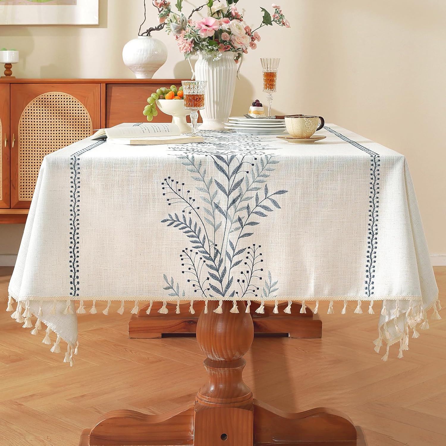 Laolitou Table Cloth Rectangle, Embroidery Heavy Duty Cotton Linen Tablecloth, Farmhouse Rustic Waterproof Wrinkle Free Tablecloths with Tassels, Blue Fern, 55106 Inch