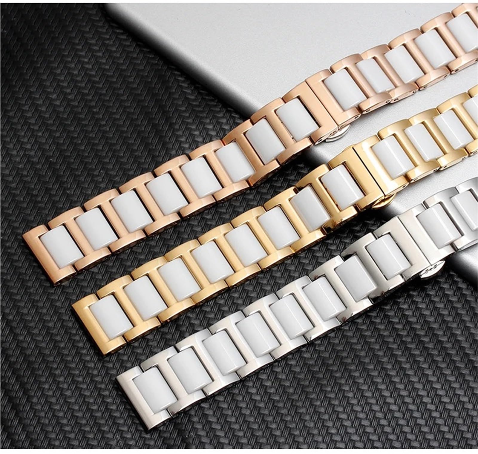 Correa de Reloj de cerámica para Hombre y Mujer, Correa de Reloj de Acero Inoxidable combinada (Plata Blanca, 19 mm)