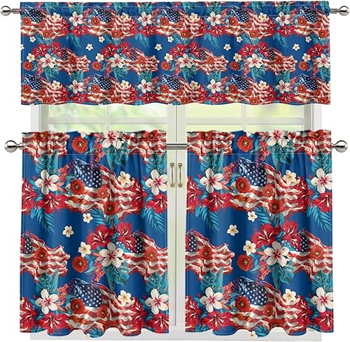 Miniatura 49 de Juego de 250 cortinas de cocina con bandera estadounidense para ventanas, fácil de instalar, cortinas cortas de 24 pulgadas con bolsillo para barra