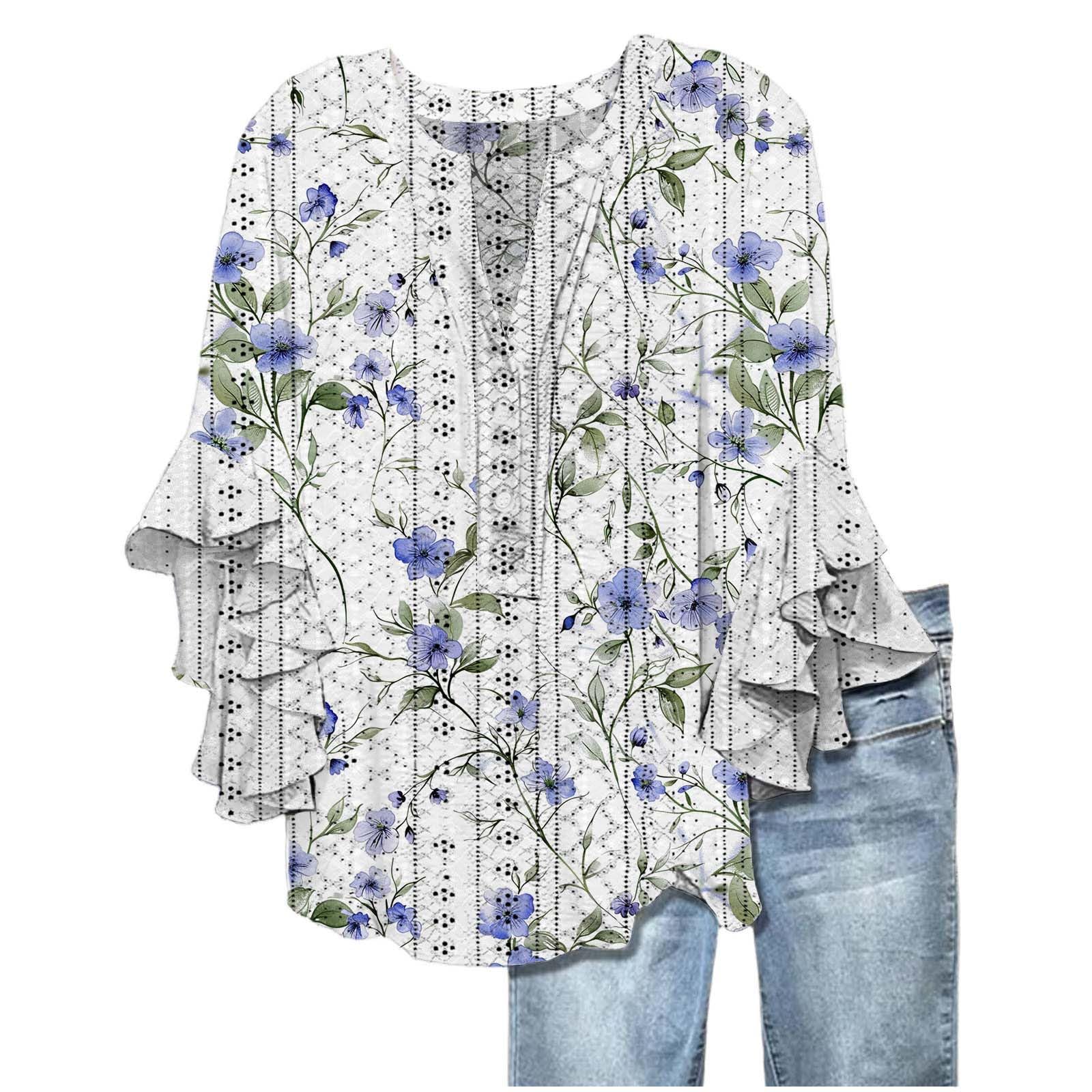 Women's Eyelet Tops V-Neck Ruffle 3/4 Sleeve Blouse Casual Loose Button Up Henley Shirts Boho Flowy Beach Clothes — view 20