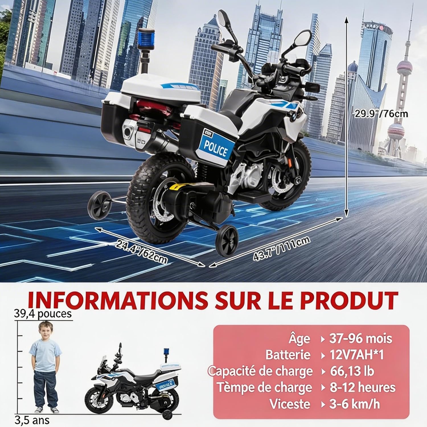 12V Children's Police Electric Motorcycle, Police Motorcycle, 2 Motors, 2 Adjustable Speed, EVA Tyres, LED Headlights, Anti-Tip, for Children 3-8 Years Old