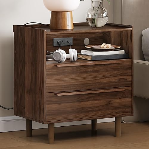 26" Tall Walnut Nightstand with Charging Station, 2 Drawer Bedside