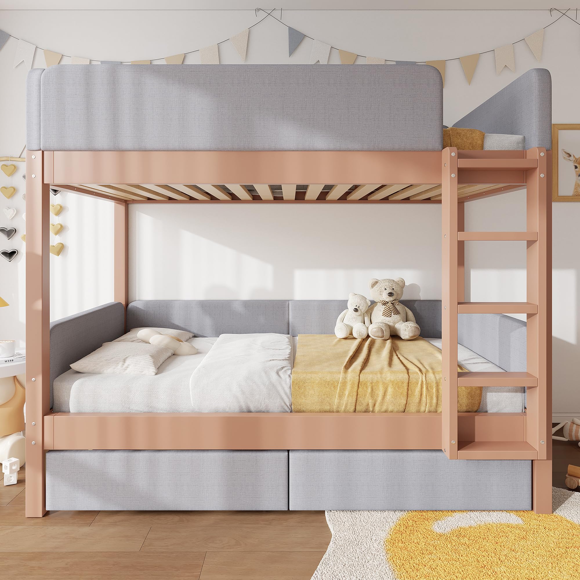 Generisch Letto a castello per bambini, 90 x 200 cm, grigio naturale, in legno di gomma e MDF, con bordo in spugna anti-collisione, scala a 4 gradini, 2 cassetti, rete a doghe stabili per la cameretta