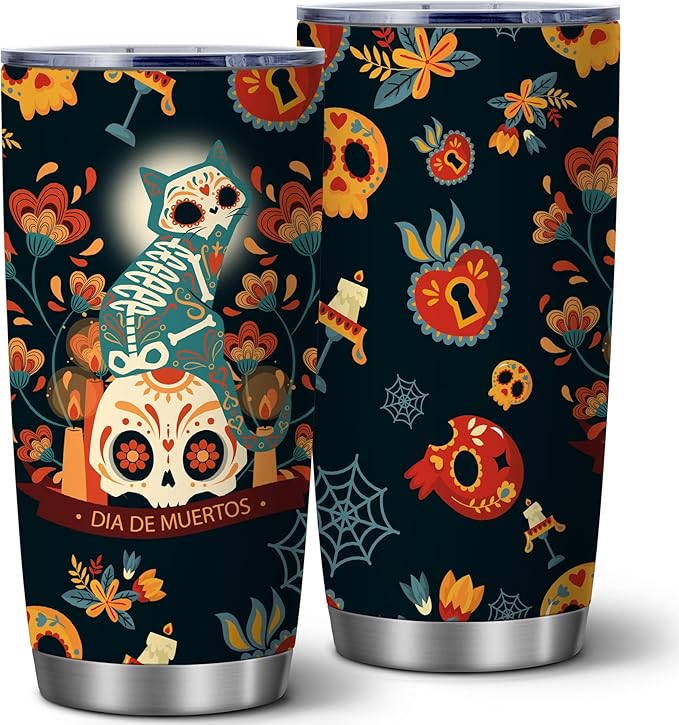ATHAND Sugar Skull Tumbler,20 Oz Day of the Dead Insulated Stainless Steel Iced Coffee Tumbler with Lid,Spooky Witchy Travel Coffee Mug Cup,Gothic Gift for Women Men,Christmas Birthday,1 Pcs