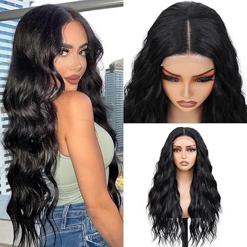 Long Wavy Black Wig for women, Lace Hairline Middle Part Synthetic Heat Resistant Wig for Daily Party 26 Inch (Black)