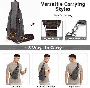 VARLIVOO Vintage Men's Sling Bag Canvas Chest Bag with USB Charging Port Sports Shoulder Bags Hiking Crossbody Bag Anti-Theft Sling Backpack Casual Daypack for Travel Camping Cycling Grey