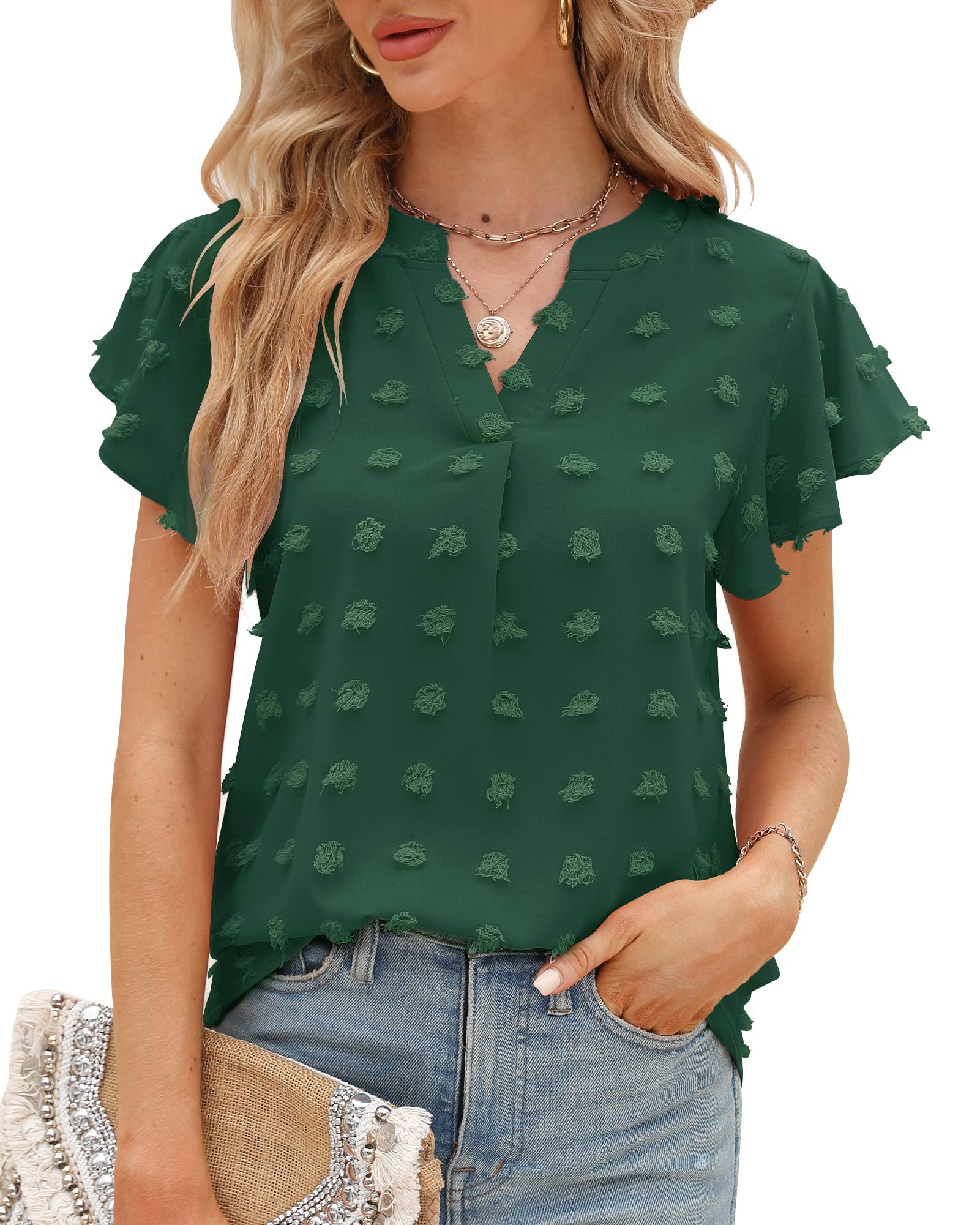 Bequemer Laden Mujeres Verano Casual Cuello en V Blusas Top Manga Corta con Volantes Túnico Elegante Swiss Dot Fluido Camisas 2023