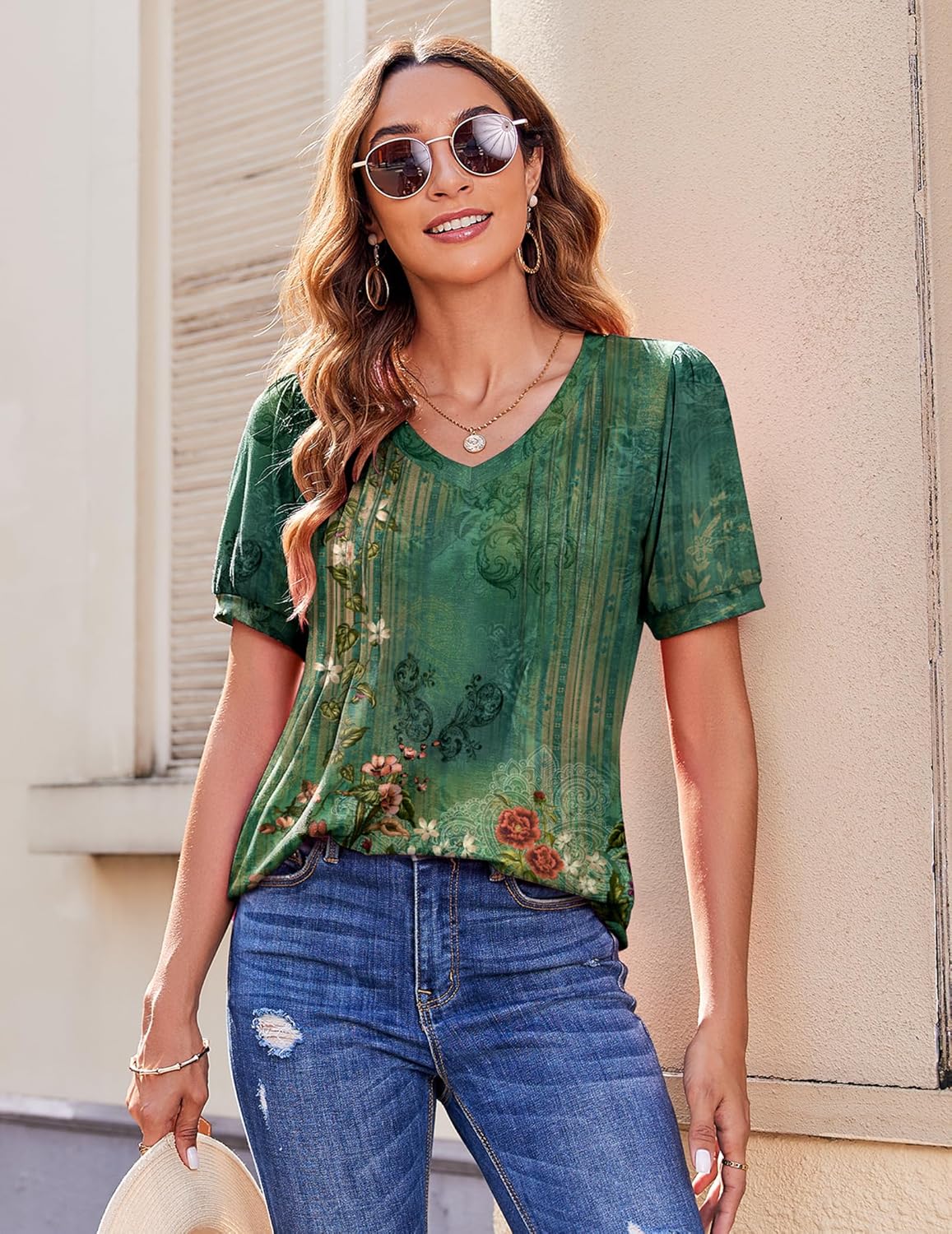 Zeagoo Women's Puff Short Sleeve Boho Shirts Casual V Neck Floral Solid Summer Blouse Pleated Tunic Top - Image 3