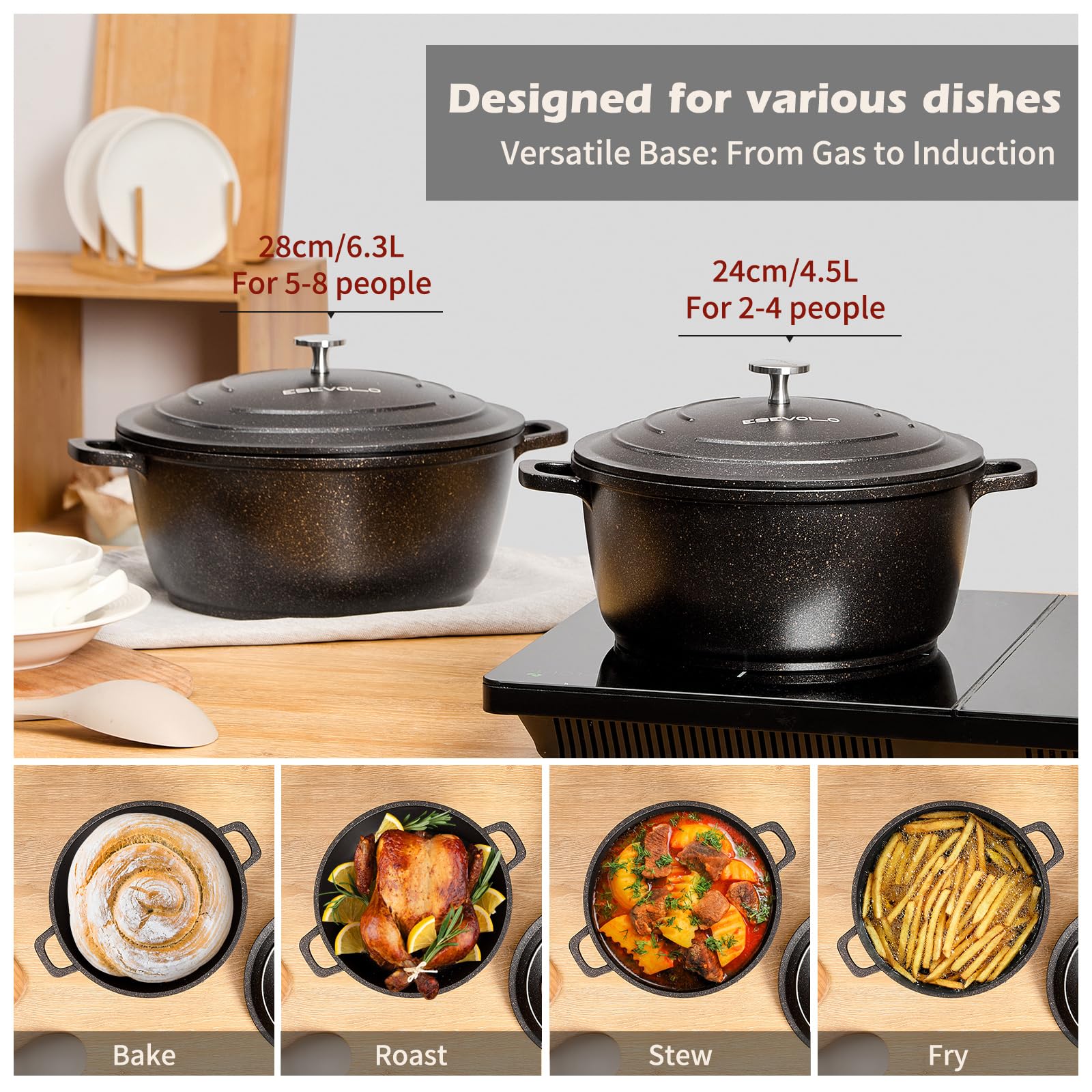 Casseruola in ghisa a induzione 28 cm, pentola rotonda 6,3 l, in ghisa di alluminio, con rivestimento antiaderente, pentola con coperchio, ideale per zuppa, stufati, pane, forno e gas, nero