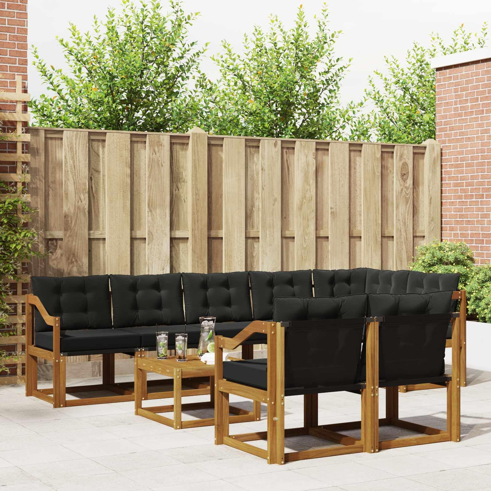 Conjunto de sofás de Exterior con Cojines, Madera Maciza de Acacia Natural y Negro, 9 Piezas, diseño Modular para terraza, jardín, Sala y Espacios al Aire Libre cómodo y Resistente