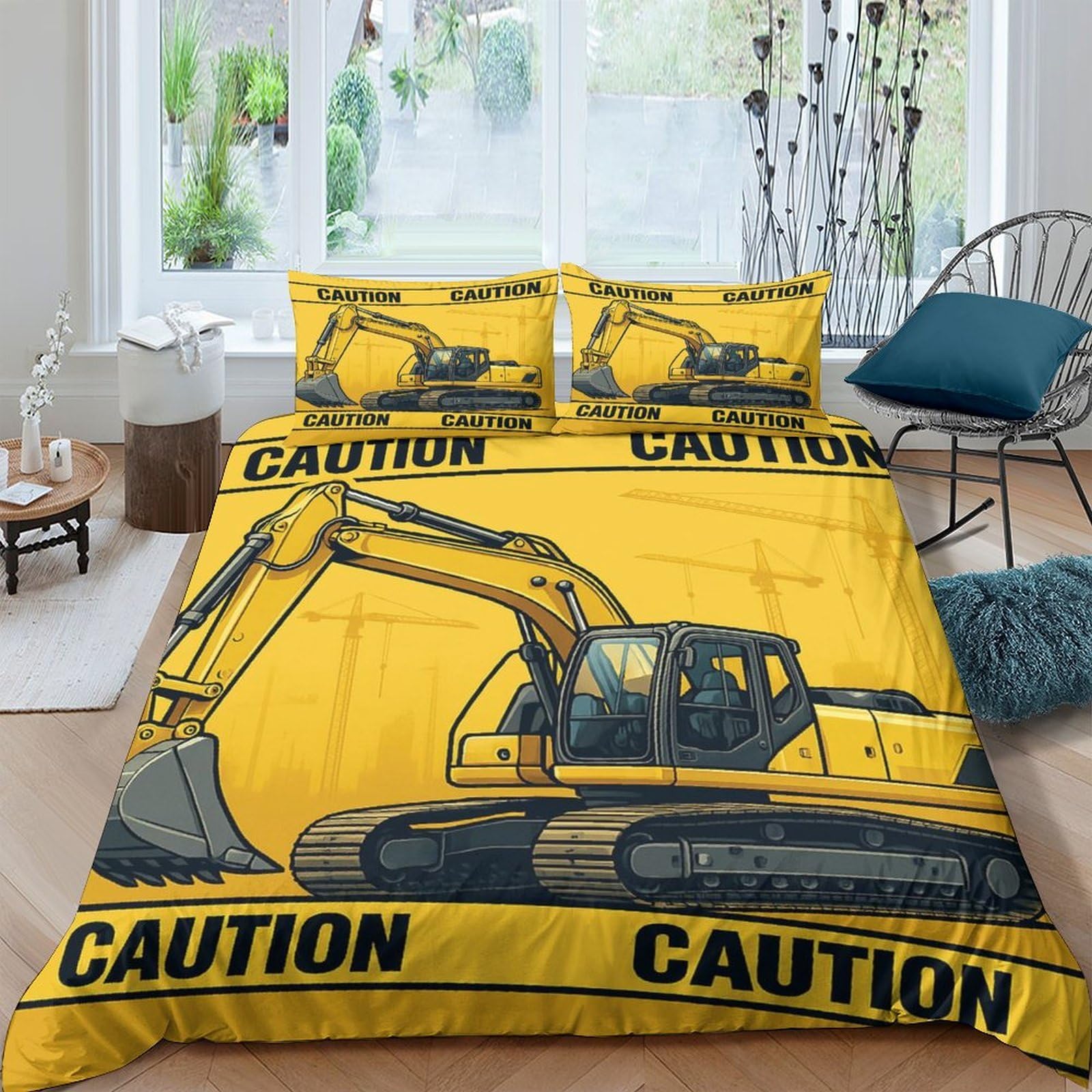 Ctjqhvkz Style-10 3D Printed Excavator Caution Fitted Sheet Microfiber Machine Washable Bed Sheet Yellow Bedroom Decor Mattress Cover Single（135X200cm）