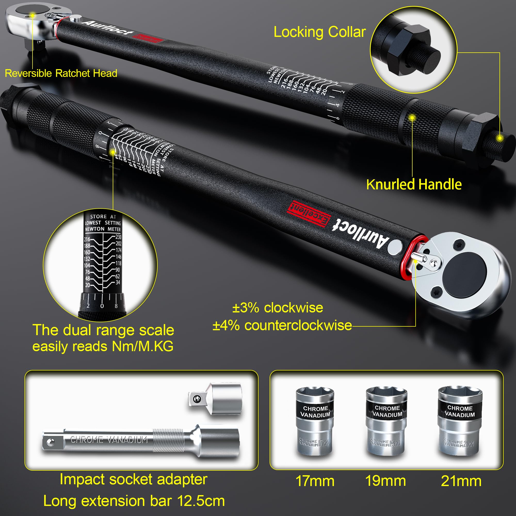 Juego de Llave Dinamométrica 1/2 Pulgada, 20-230 Nm Chave Dinamométrica, Incluye Extensión de 12.5 cm, Precisión ±3% para Coche y Rellenar las Ruedas, 6 Piezas