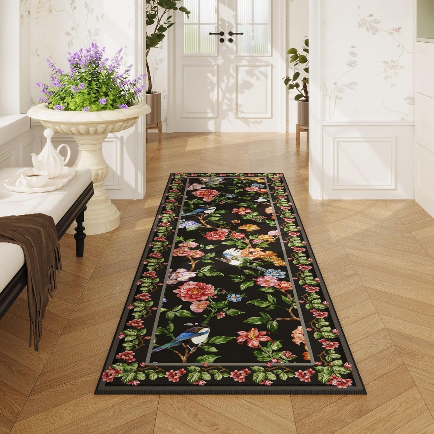 Runner Rug for Kitchen 2'6"x8' Washable Rugs with Rubber Backing Soft Floral Bird Magpies Floral Animal Carpet Runner for Kitchen, Laundry, Bedroom, Bathroom (Black)