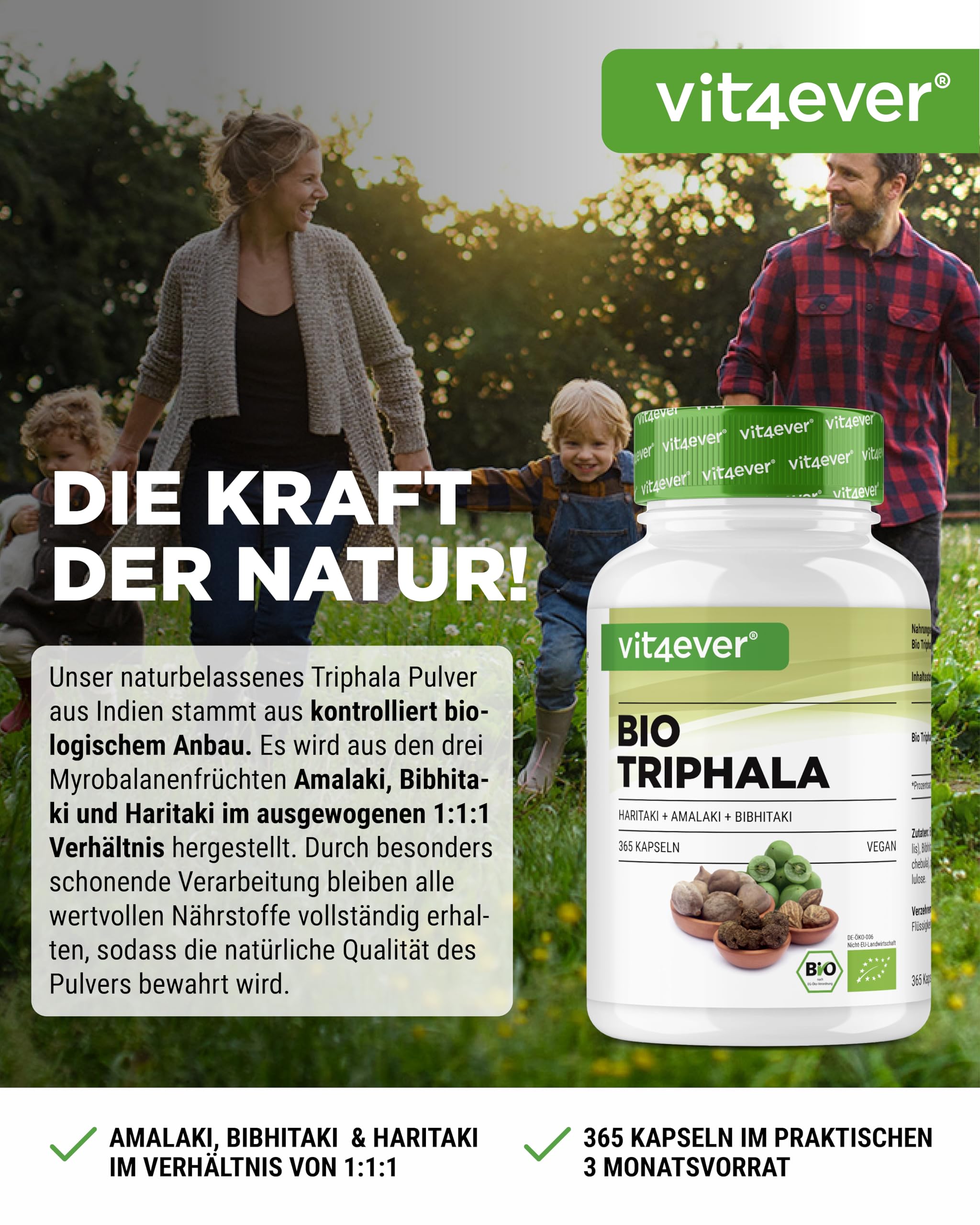vit4ever Bio Triphala - Hochdosiert mit 2000 mg (500 mg je Kapsel) - 365 Kapseln - Premium Triphala Pulver aus Indien: Haritaki, Amalaki, Bibhitaki - Ohne Zusatzstoffe - Vegan