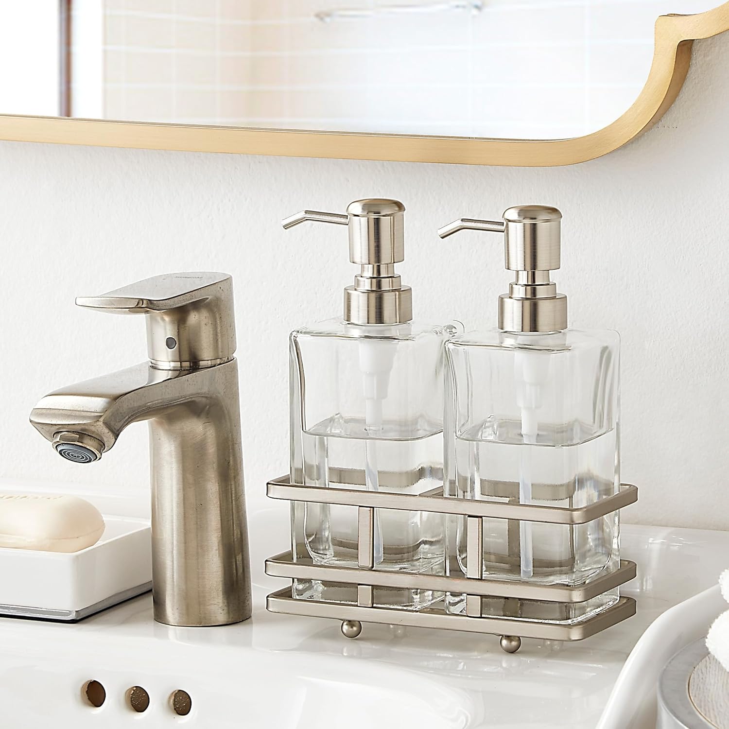 Square Glass Clear Lotion and Soap Pump Dispenser Set with Metal Stand Caddy for Bathroom Bath Kitchen Home Office Travel Hotel Hand Crafted Heavy Weight Nickel - Image 7