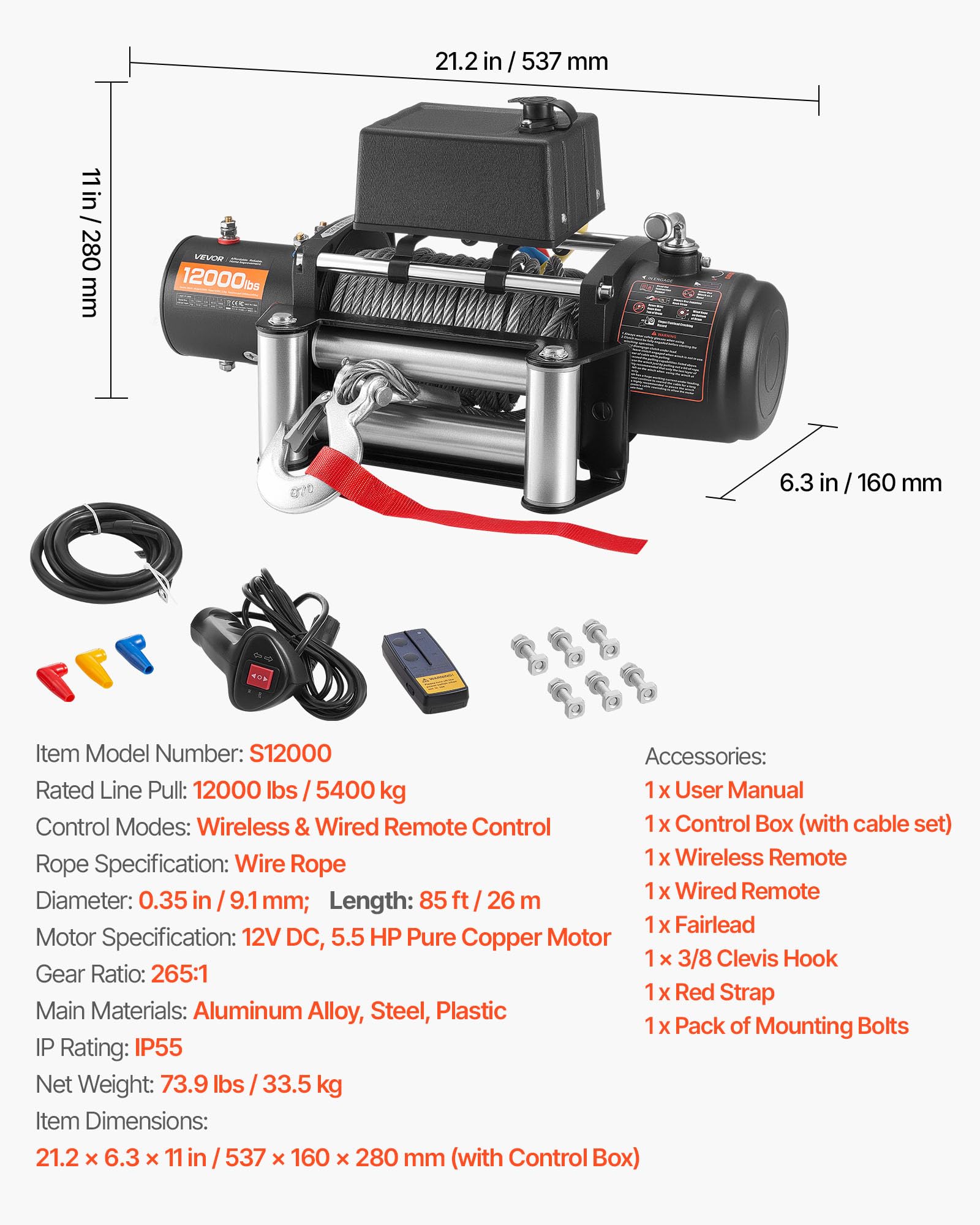 VEVOR Cabrestante Eléctrico 12 V CC, Capacidad de Carga de 5400 kg, Cabrestante para Camión con Cable de Acero de 9,1 mm x 26 m, para Remolcar SUV, Jeeps, Remolques, Barcos, Vehículos Todoterreno