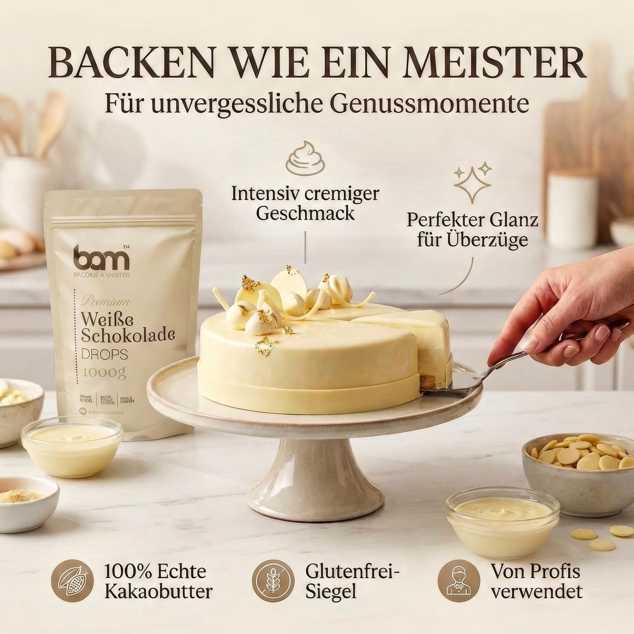 BAM Weiße Schokolade Drops – Kuvertüre Callets zum Schmelzen & Backen – Weiße Schokodrops für Schokofondue, Ganache & Schokobrunnen – White Chocolate Chips - 1 kg