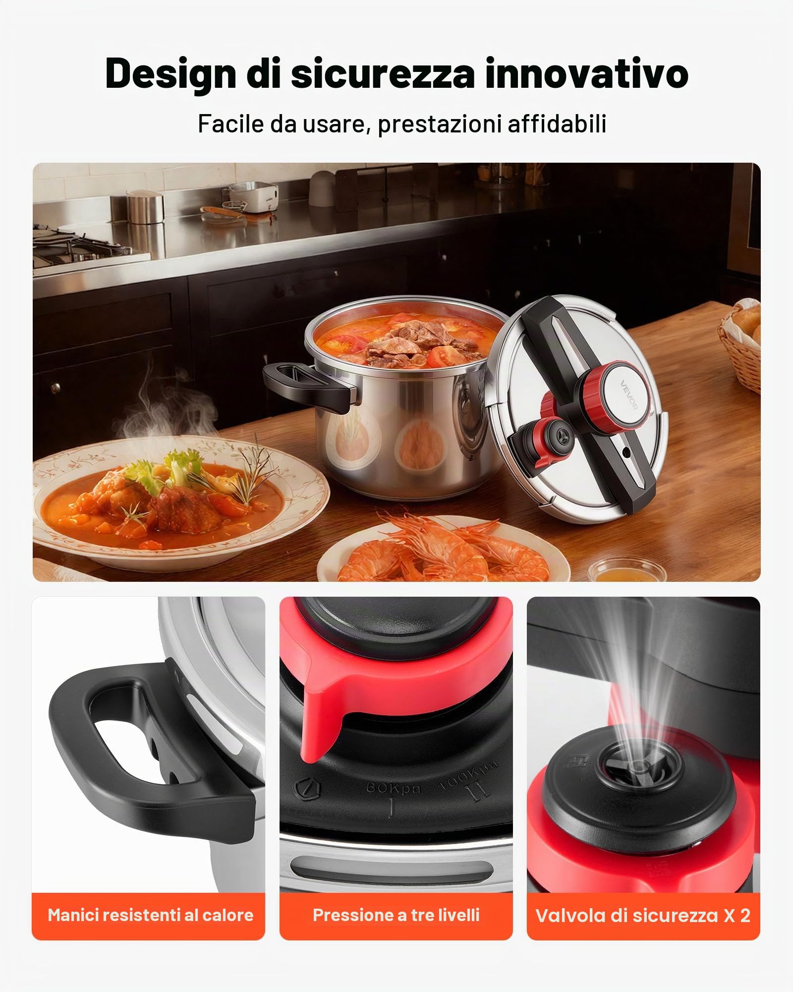 VEVOR Pentola a Pressione da Fornello da 6 Litri in Acciaio Inossidabile, con Griglia per la Cottura a Vapore, Coperchio in Vetro Temperato, Tre Impostazioni di Pressione per Carne, Fagioli, Riso