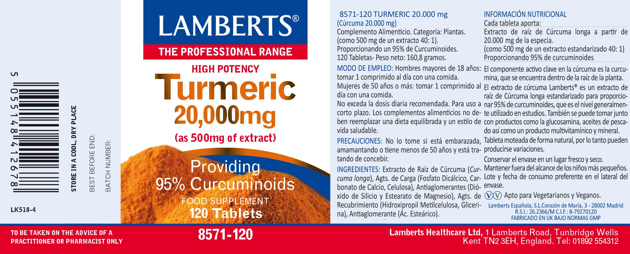 Lamberts Cúrcuma 20000 mg | 120 Tabletas | Una al Día | 95% Curcuminoides | Extracto Estandarizado 40:1 | Apto para Veganos | Calidad Farmacéutica GMP