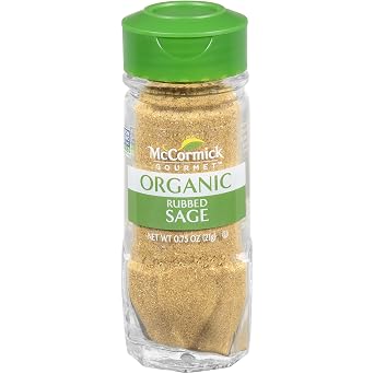 McCormick Gourmet Collection Rubbed Sage, Organic, Non GMO, Our Best Herbs & Spices, Woody-Piney Flavor Elevates Meats, Soups, Stews, Potatoes & More, 0.75 oz