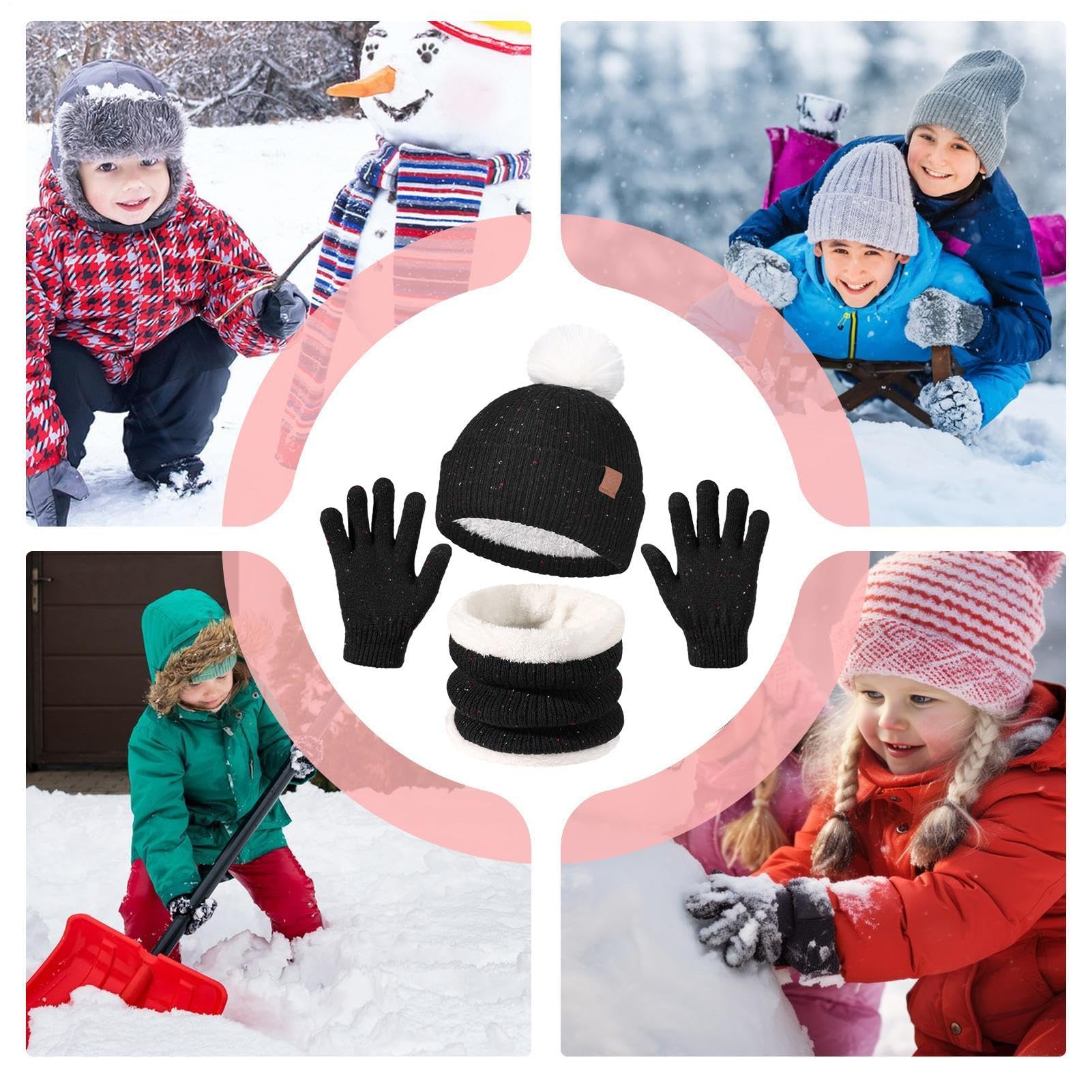 Set invernale con cappello e sciarpa e guanti per bambini, con cappello lavorato a maglia, morbido, confortevole, per il freddo, per passeggiate, pattinaggio, ciclismo, escursionismo, avventure