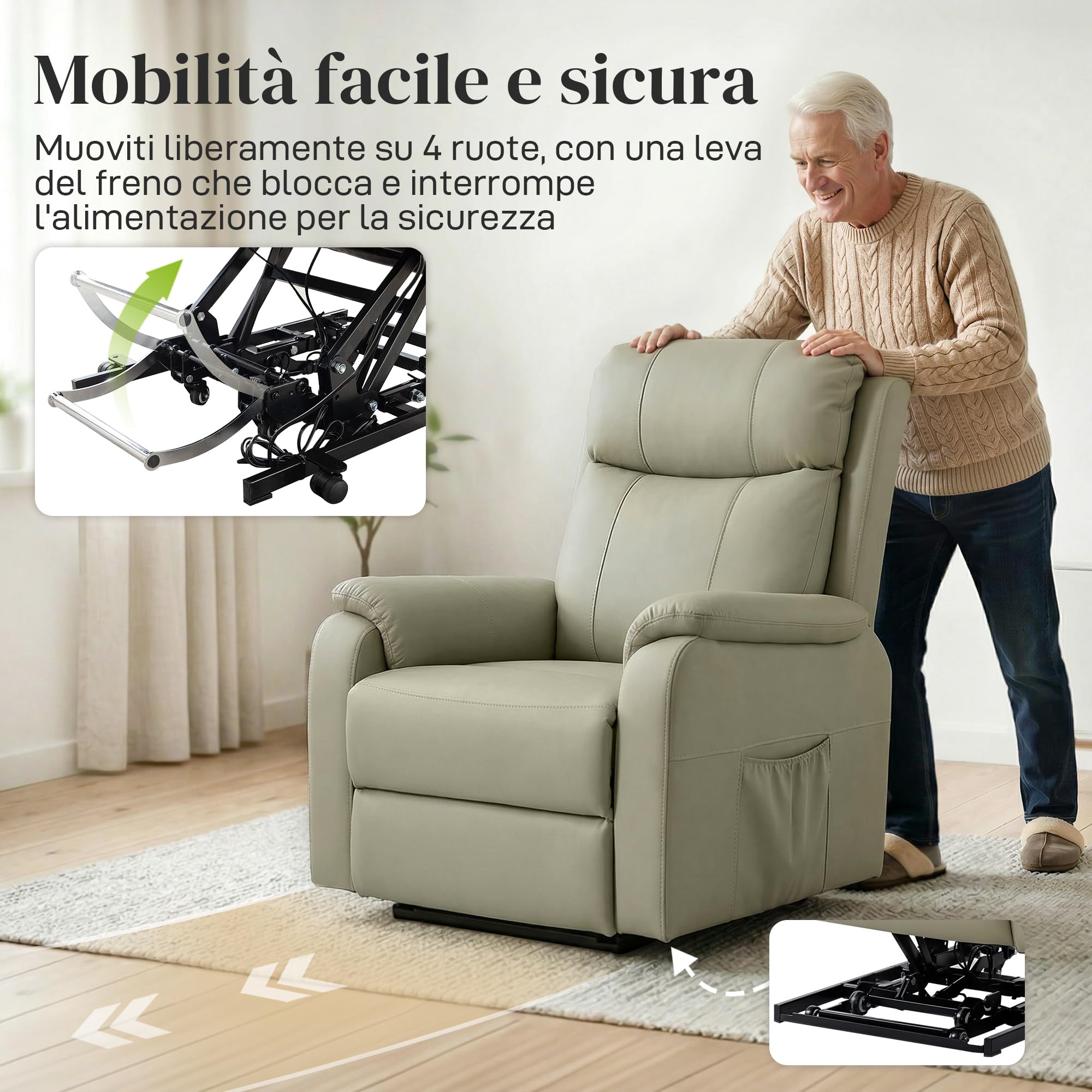 HOMCOM Poltrona Elettrica Alzapersona Reclinabile 170° Zero Gravity, Poltrona Relax in Pelle Finta Traspirante per Anziani, 2 Motori, Telecomando, 4 Ruote, Freno, Poggiapiedi, Tasche Laterali, Crema