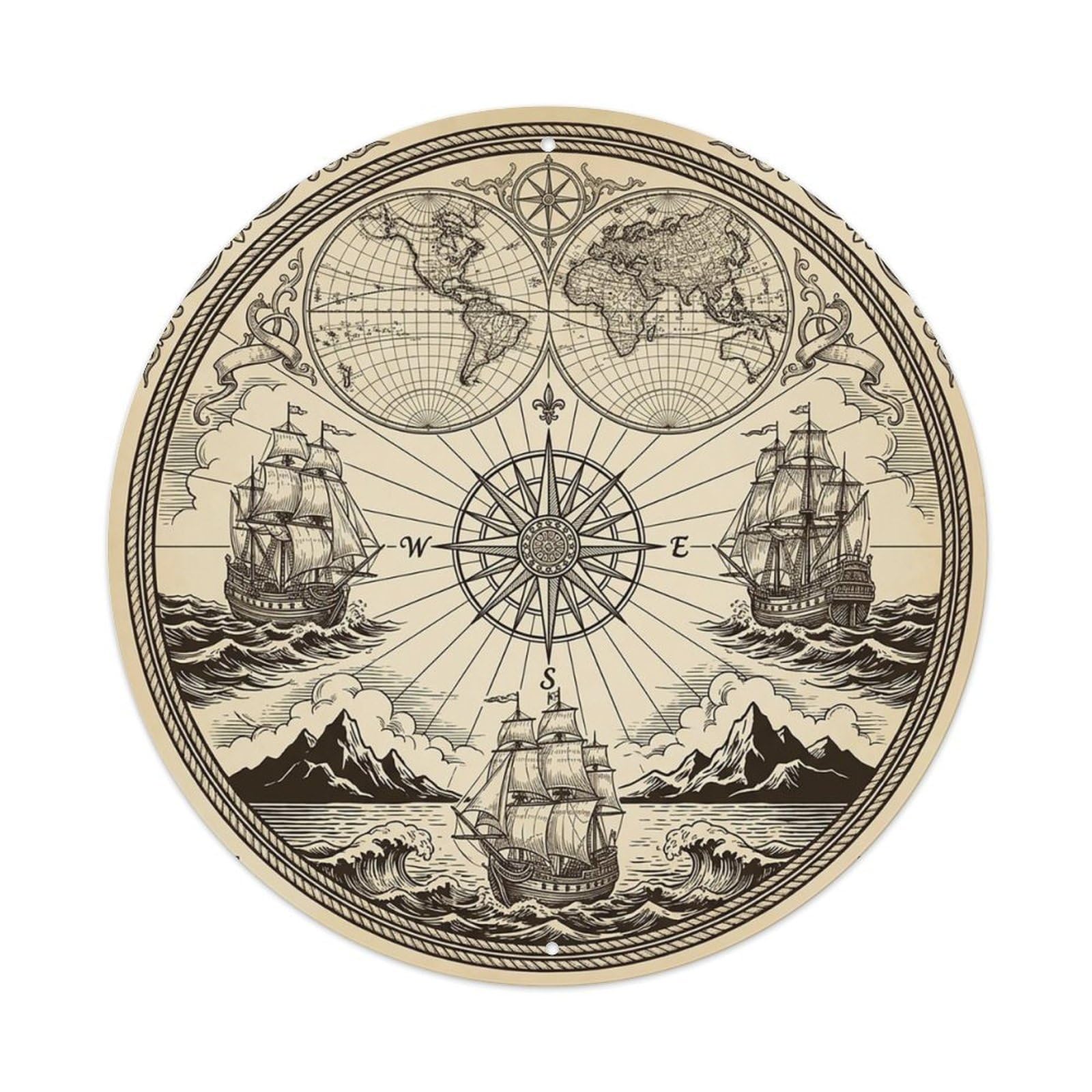 Vintage Nautical Compass World Map Peninsula Chronicle Metal Tin Sign