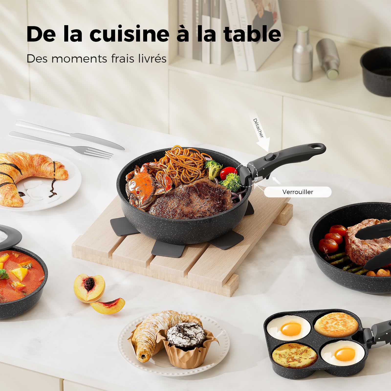 YASHE Batterie de cuisine 20 pièces, Revêtement antiadhésif, poignées amovibles, induction et four jusqu'à 230 °C, lave-vaisselle, empilable, blanc – Idéale pour les familles