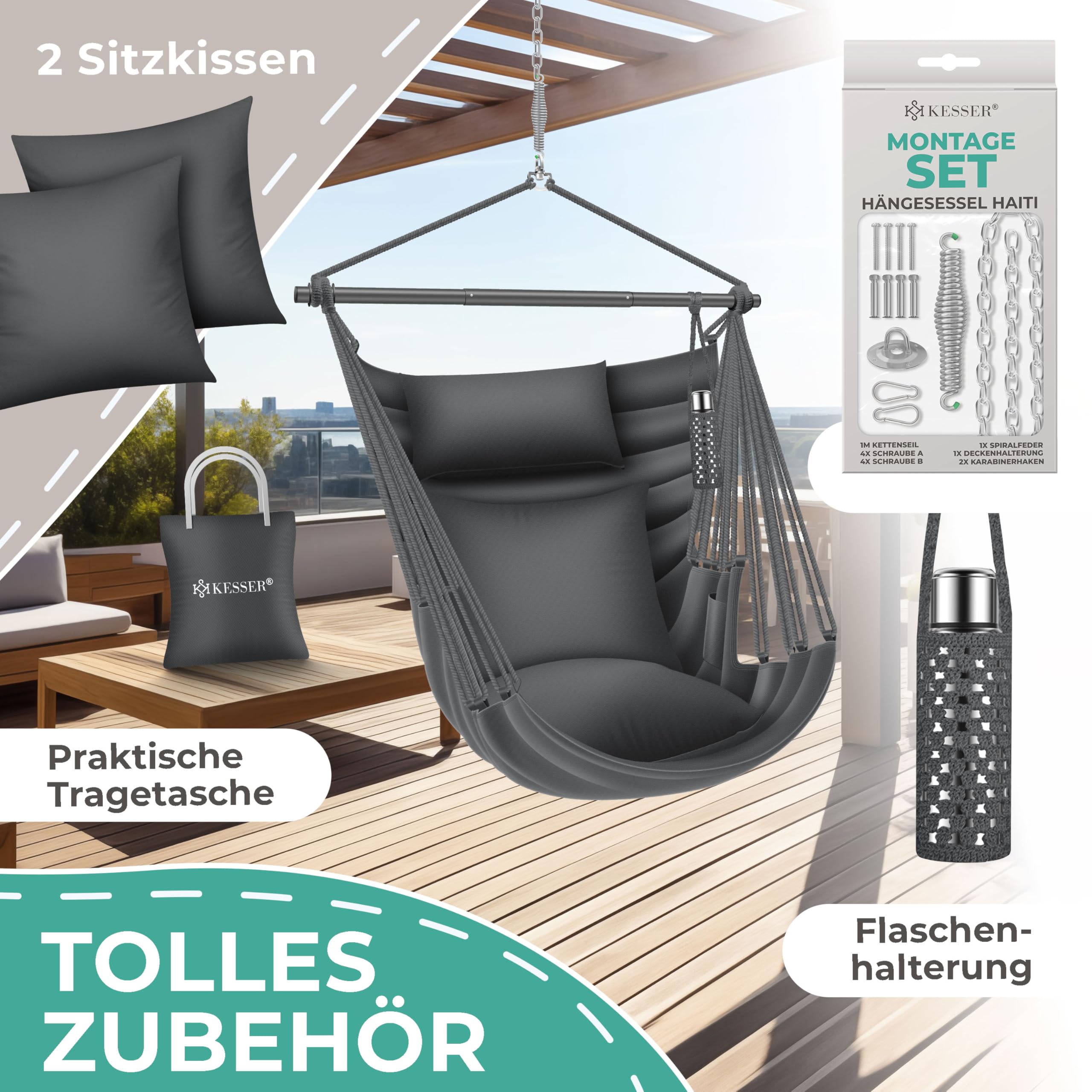 KESSER® Hängesessel Haiti 150kg Traglast, Hängestuhl 360° Drehung, Hängeschaukel Indoor-Outdoor UV-beständig & Wasserfest, Pflegeleicht, Inkl. 2 Kissen, Tragetasche, Flaschenhalter & Montage-Set