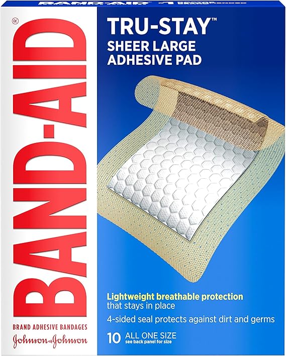 Band-Aid Brand Tru-Stay Adhesive Pads, Sterile Sheer Bandages for First Aid & Wound Care, Pad Covers & Protects Minor Cuts, Scrapes & Burns, Lightweight, Large Size, 10 Count