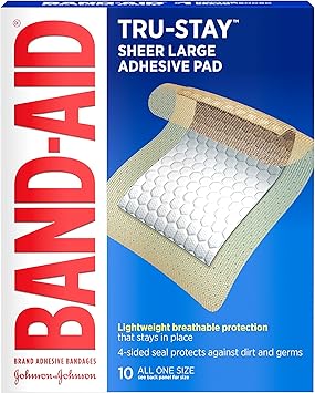 Band-Aid Brand Tru-Stay Adhesive Pads, Sterile Sheer Bandages for First Aid & Wound Care, Pad Covers & Protects Minor Cuts, Scrapes & Burns, Lightweight, Large Size, 10 Count