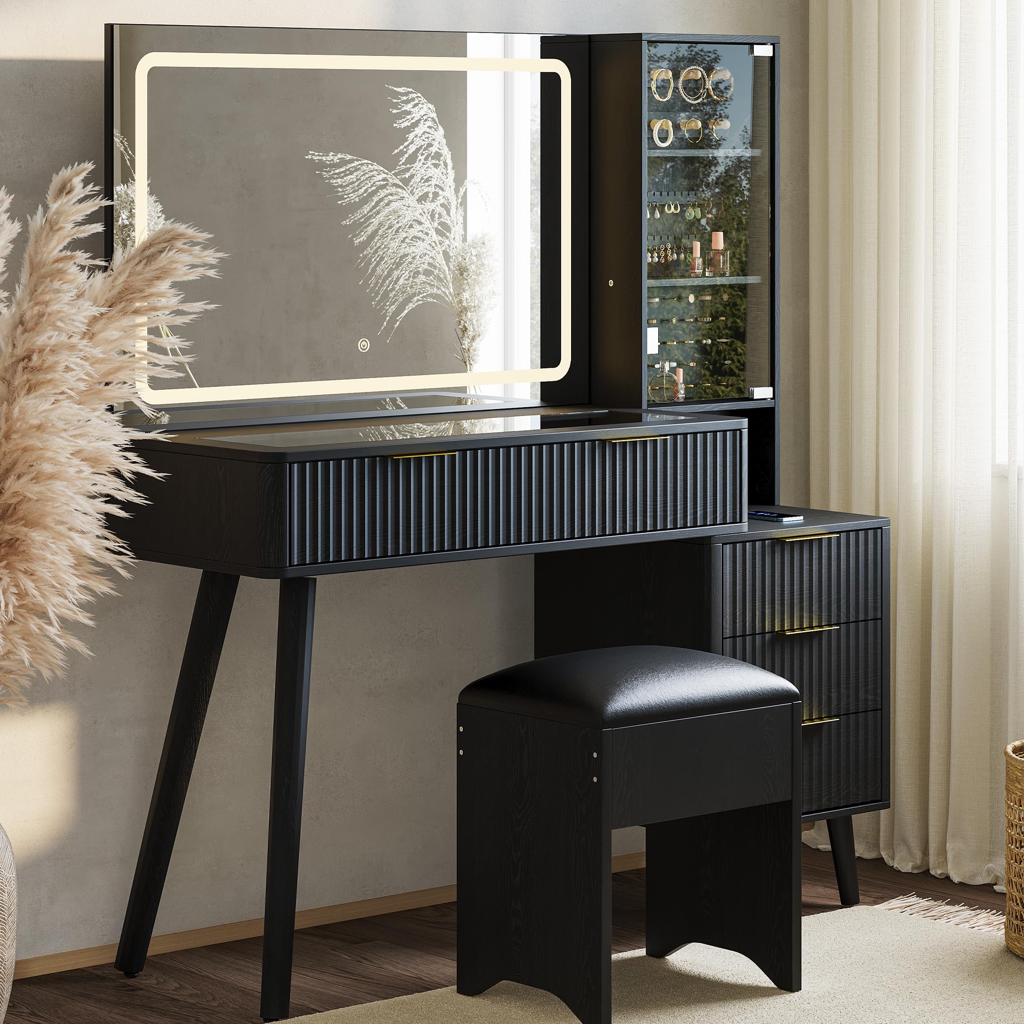 Photo 1 of ***FACTORY SEALED - OPENED FOR INSPECTION**   Garvee Vanity Desk with Lighted Mirror, Makeup Vanity with Charging Station, Glass Top Dressing Table with Cushioned Storage Stool for Bedroom, Black