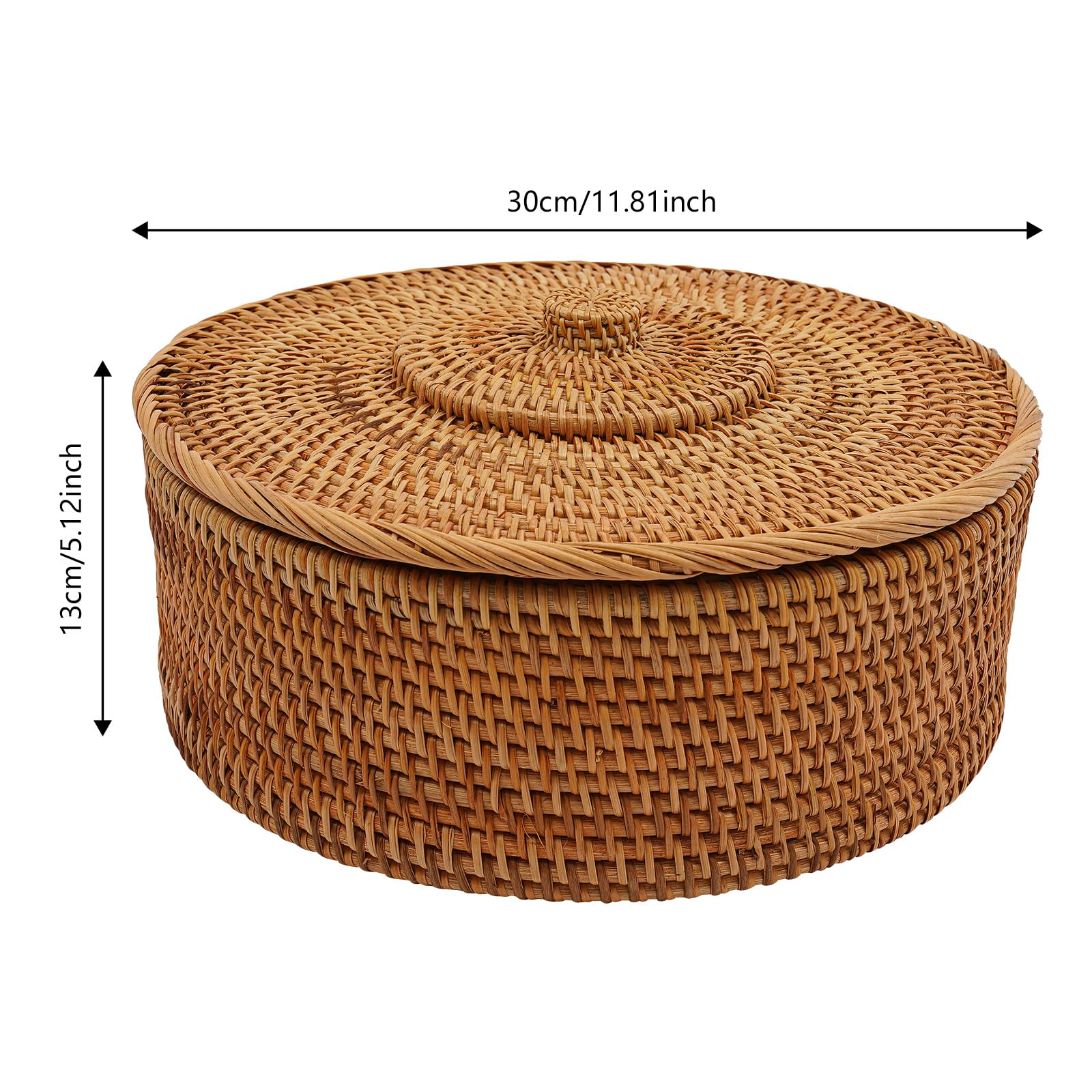Cesto in rattan naturale con coperchio, contenitore rotondo in rattan con coperchio, 30 x 13 cm, realizzato a mano, cestello intrecciato, per frutta, pane, caramelle