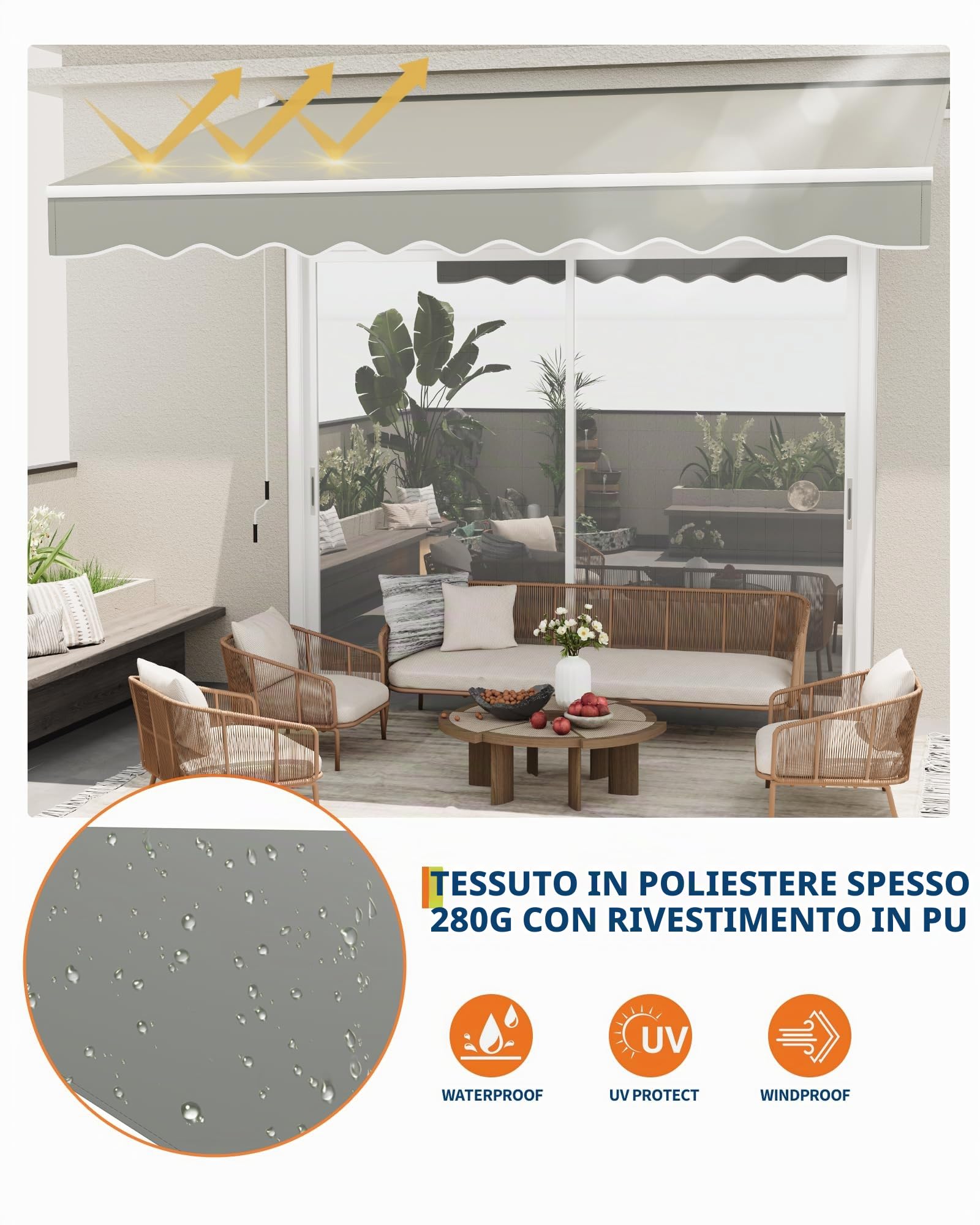 Garveelife Morsetto snodato 400 x 250 cm, resistente ai raggi UV40+ e impermeabile, con manovella e supporto da parete regolabile lunghezza + angolo, tenda da sole per terrazza e balcone, tenda da