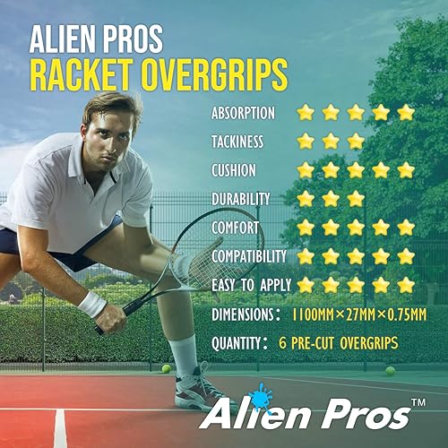 Miniatura 6 de Alien Pros - Cinta de agarre para raqueta de tenis (6, 12 o 60 agarres), agarre de tenis precortado y con sensación seca, cinta de agarre para