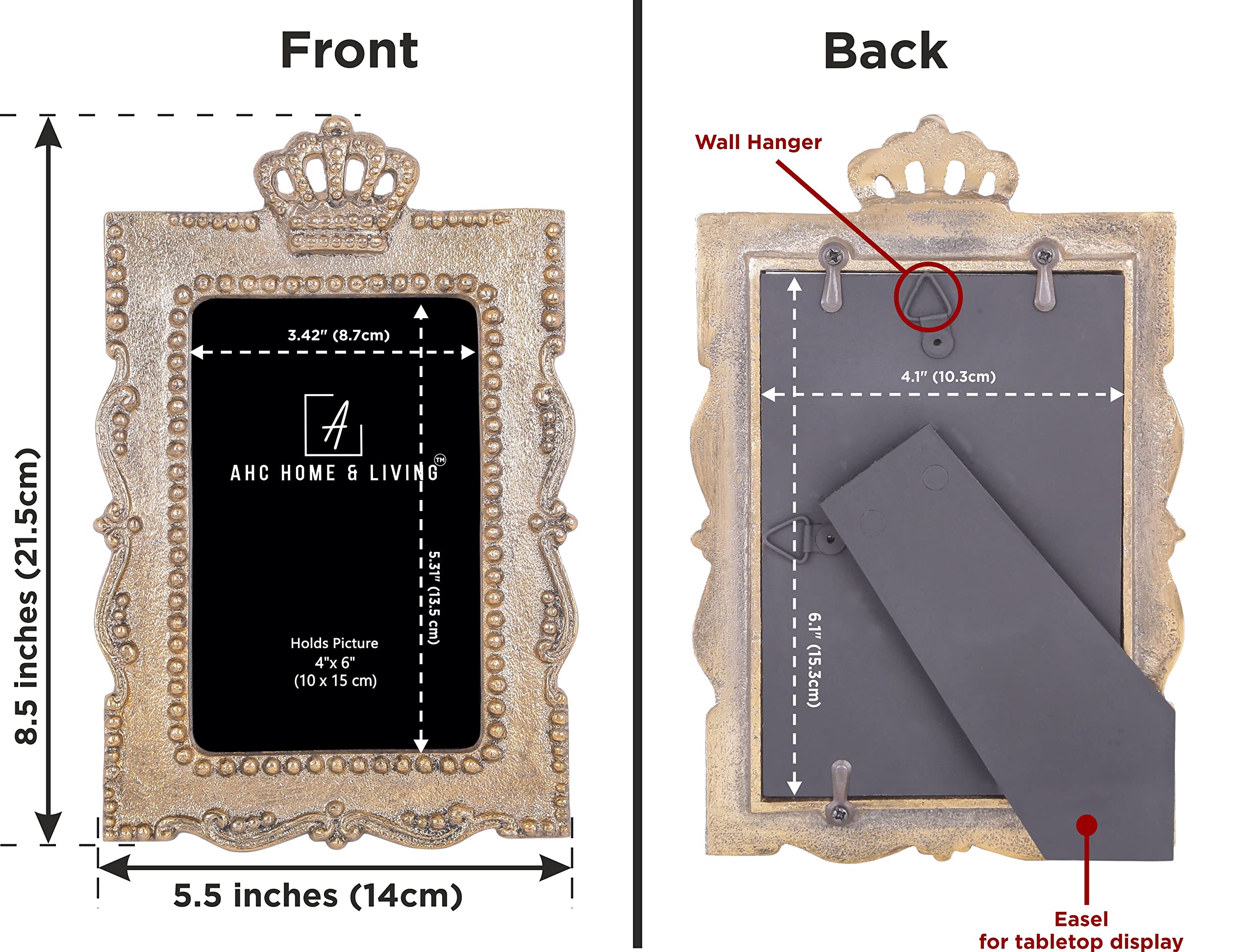 AHC HOME & LIVING Portafoto Cornice per foto con corona da principessa 4 x 6 con cavalletto e gancio per display da tavolo e da parete verticalmente (oro anticato