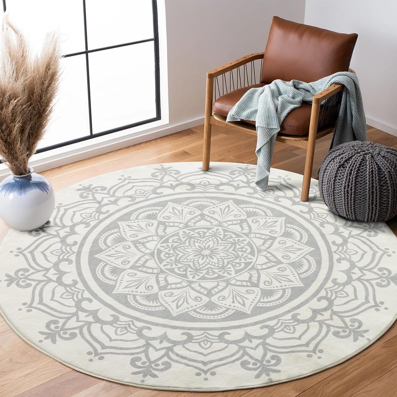 Carvapet Round Area Rug 122cm/4ft Soft Fluffy Circle Carpet Rug Short Pile Non Slip Washable Bohemian Mandala Floor Round Rugs(Grey Mandala)