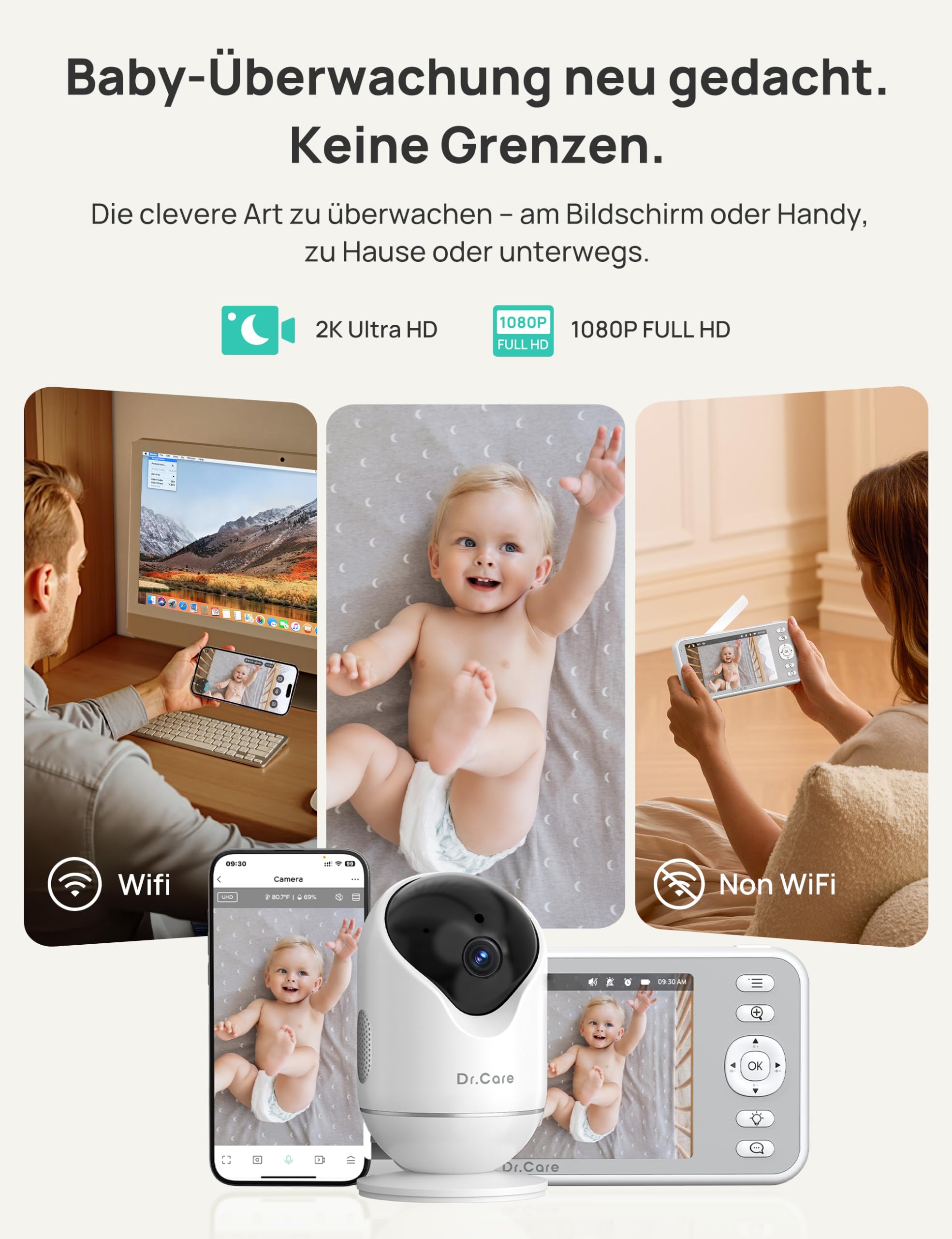 Dr.Care 2K WLAN Babyphone mit Kamera, 5 Zoll, App & Klemmhalterung,360°