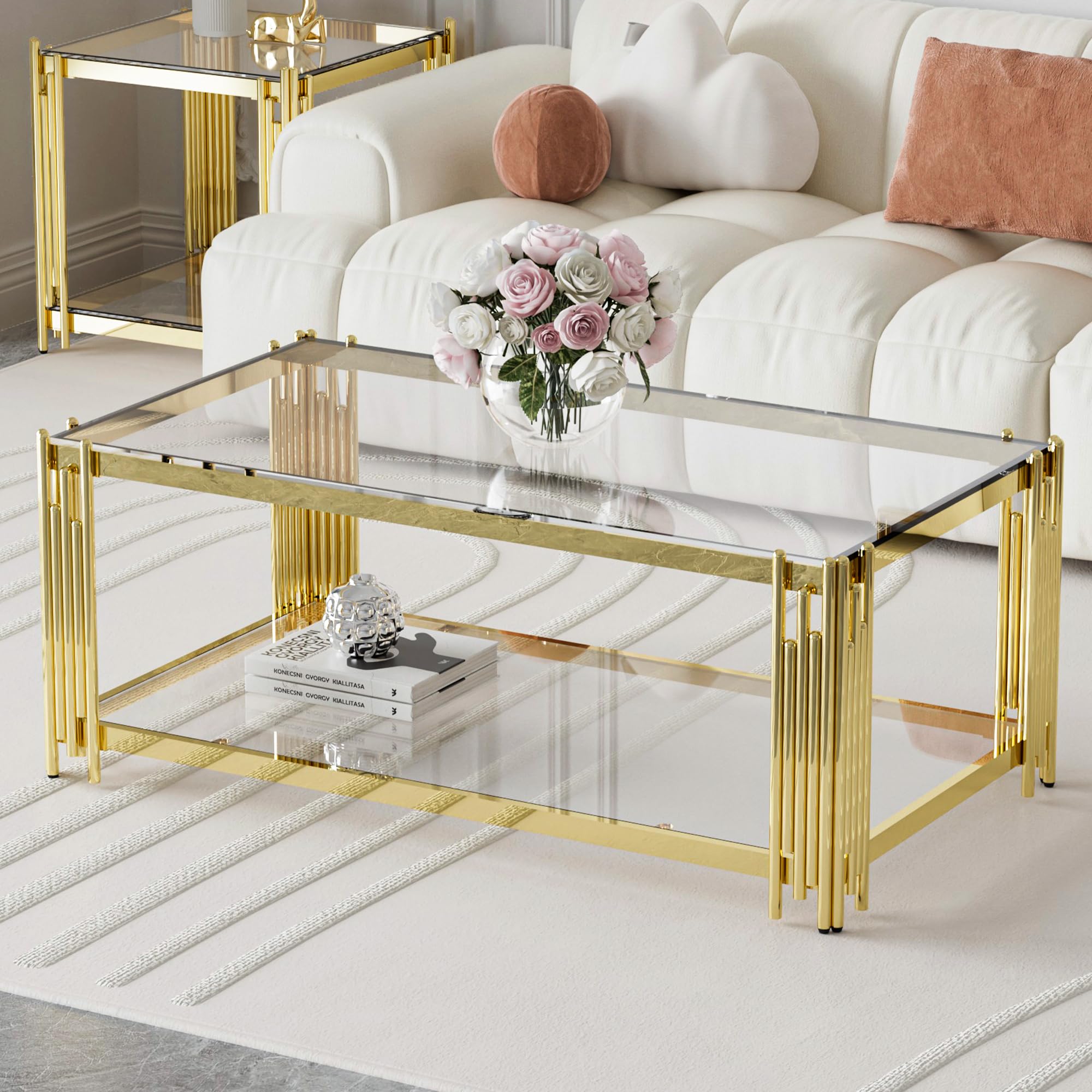 Gold Glass Coffee Table Modern Living Room Table Luxury Stainless Steel Metal Leg 43" Rectangular Clear Tempered Glass Center Tables for Home Office