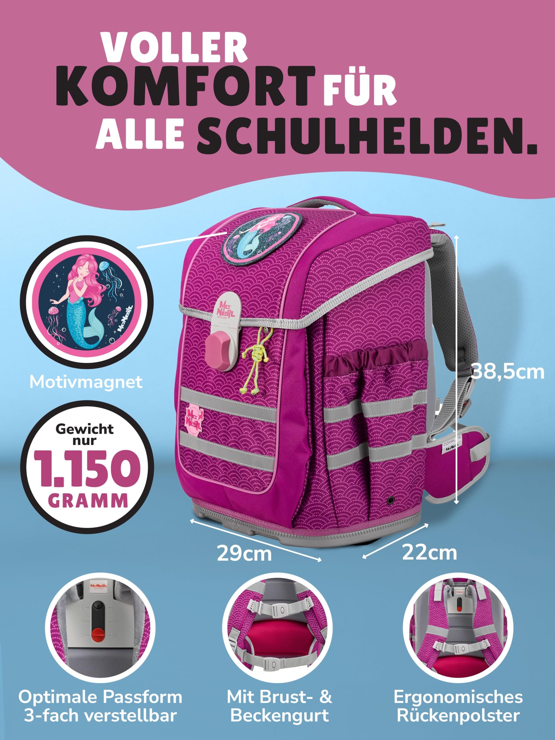 Familando - McNeill ERGO COMPLETE Schulranzen Set - 9-teilig mit Schultüte - Meerjungfrau - Ergonomisch & 3-fach verstellbar - 1150g leicht mit 20L Volumen & Reflektoren - aus recyceltem Ocean Plastic