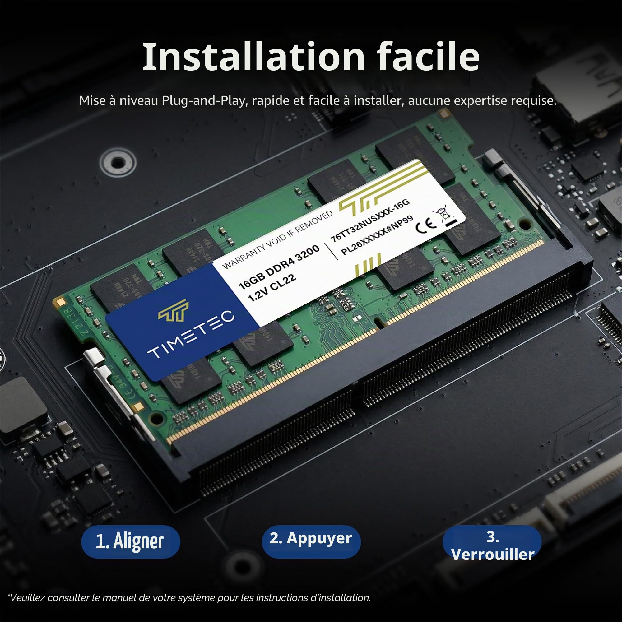 Timetec 32 Go KIT(2x16Go) DDR4 3200 MHz (PC4-3200AA) PC4-25600 SODIMM – Non-ECC sans Tampon, 260 Broches, 1,2 V CL22, Module de mémoire pour Ordinateur Portable, Mini-PC et Ordinateur Tout-en-Un.
