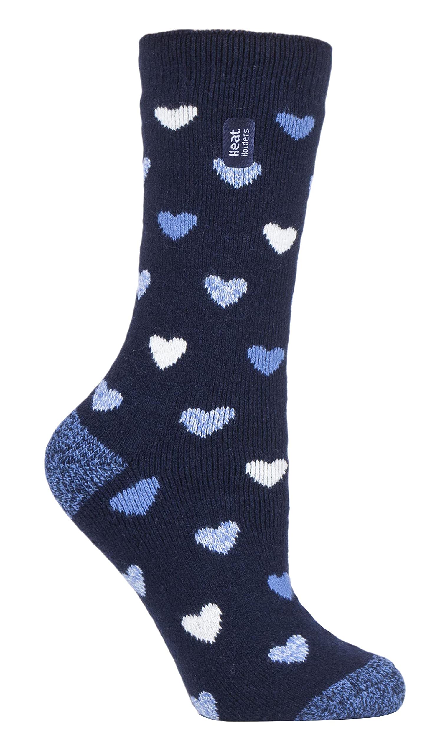 HEAT HOLDERS Lite - Womens Insulated Thermal Socks | Multiple Designs Including Argyle Stripes Hearts Stars | Warm Socks for Winter (4-7, Navy Heart (Jasmine))